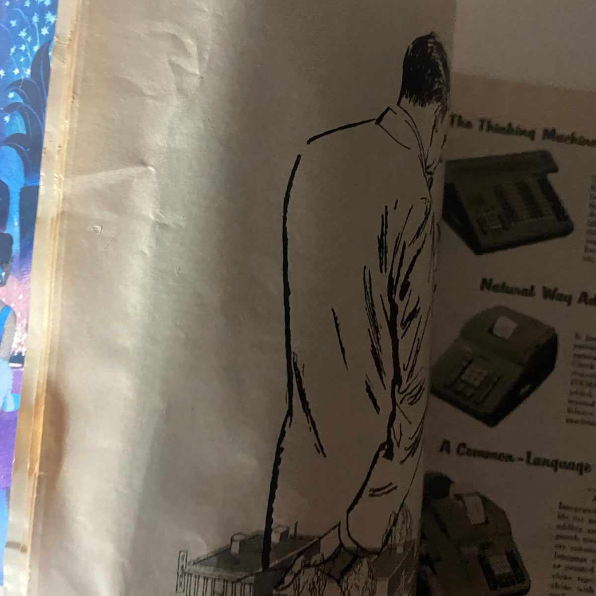 Inside view of VTG Time Magazine January 9, 1956, showing an artistic black and white illustration on the left and a phone-related advertisement on the right.