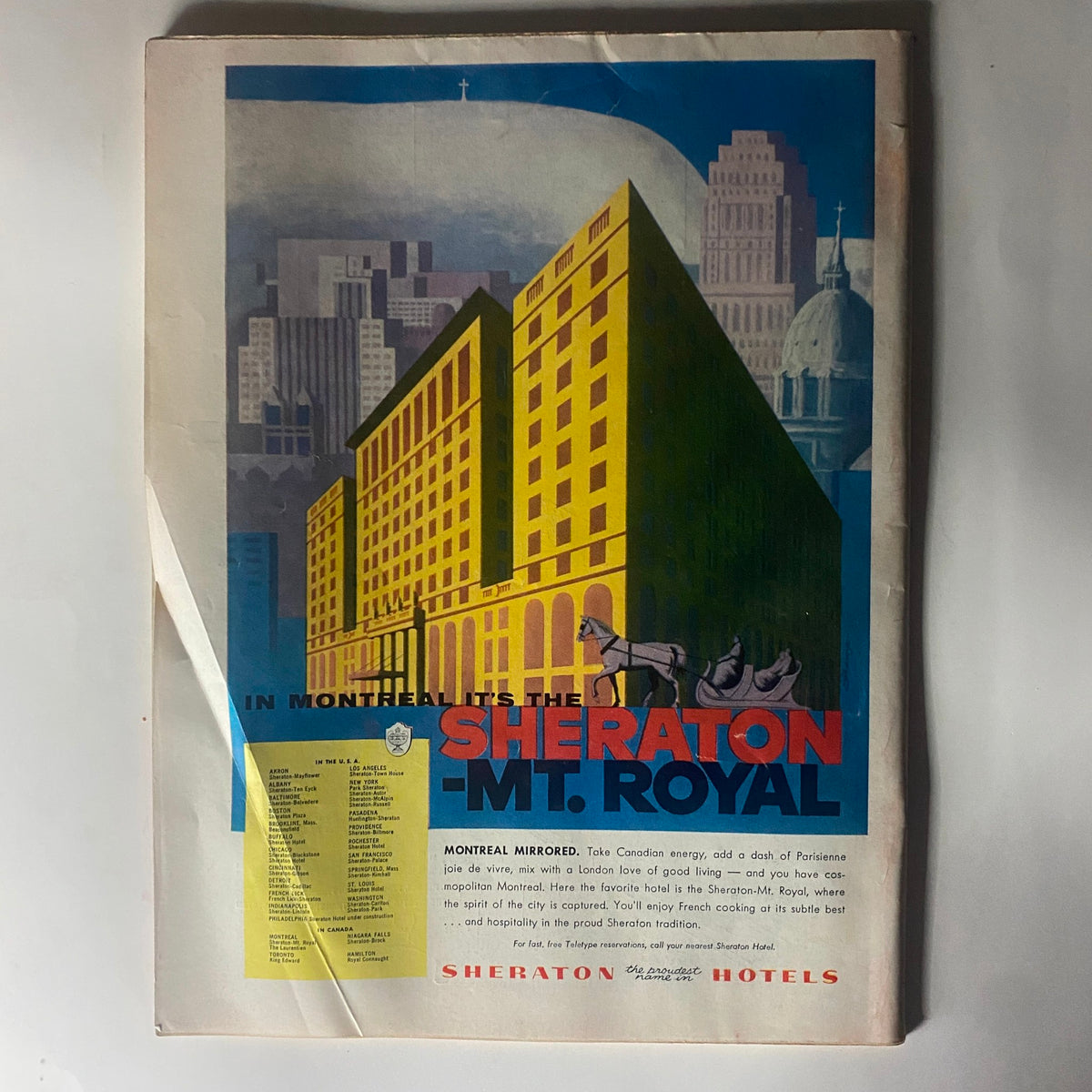 Vintage advertisement for Sheraton-Mt. Royal Hotel, featuring colorful illustration of the building, embedded within the VTG Time Magazine January 9, 1956 Vol 67 No. 2 Sherman Adams.