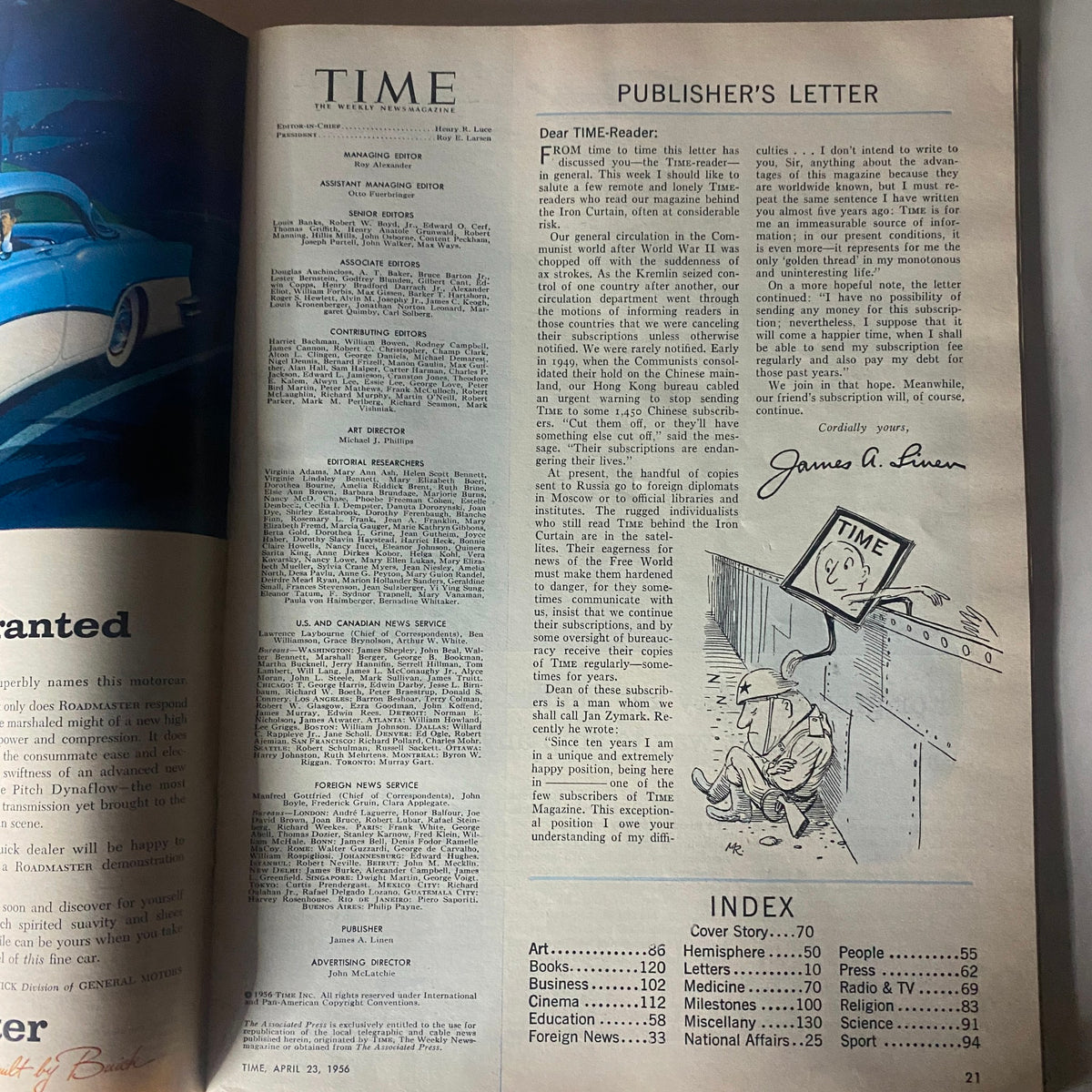 Inside page of VTG Time Magazine April 23, 1956, displaying the publisher's letter and editorial staff, highlighting historical journalism.