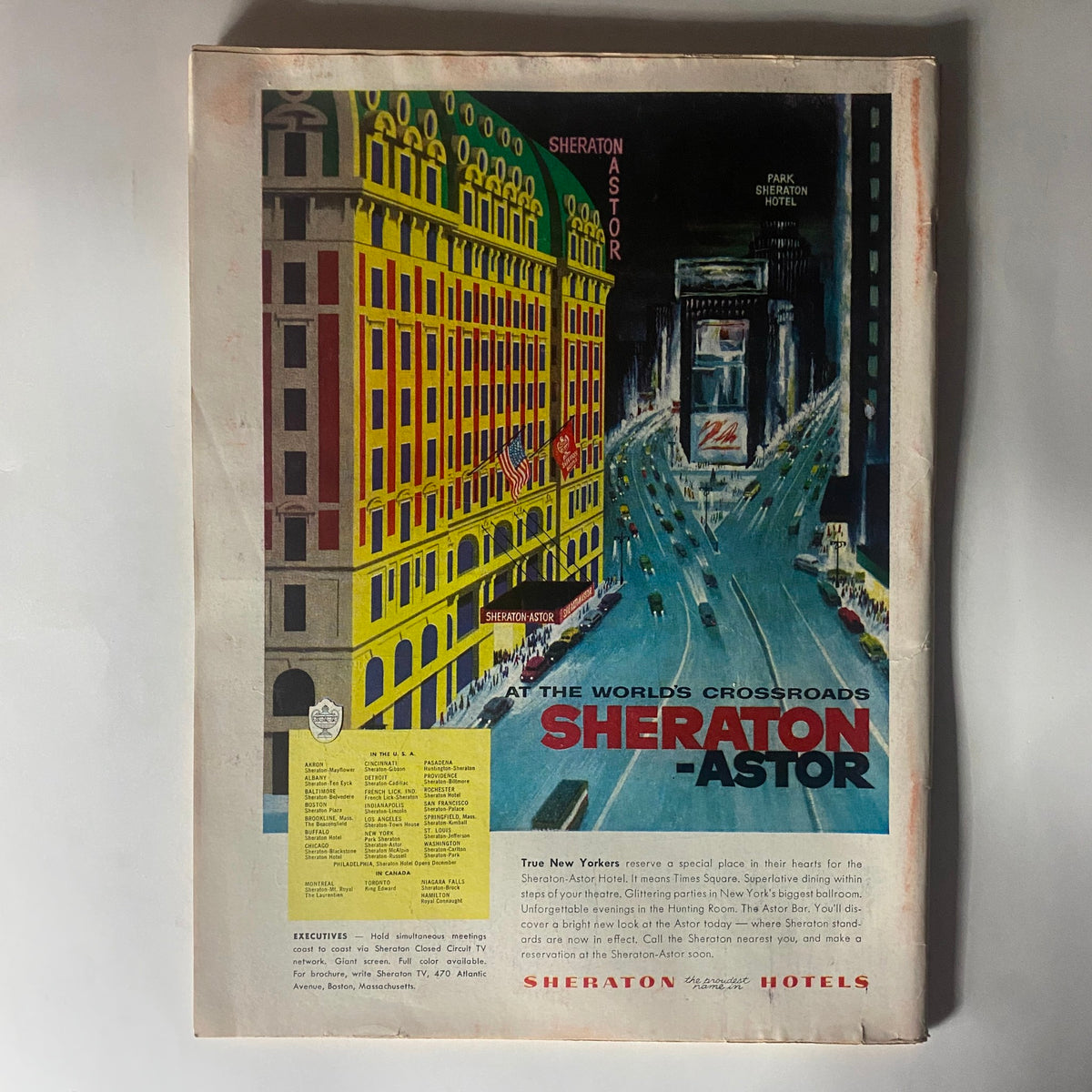 Back cover of VTG Time Magazine April 23, 1956, showcasing an advertisement for Sheraton-Astor Hotel, illustrating mid-20th century design.