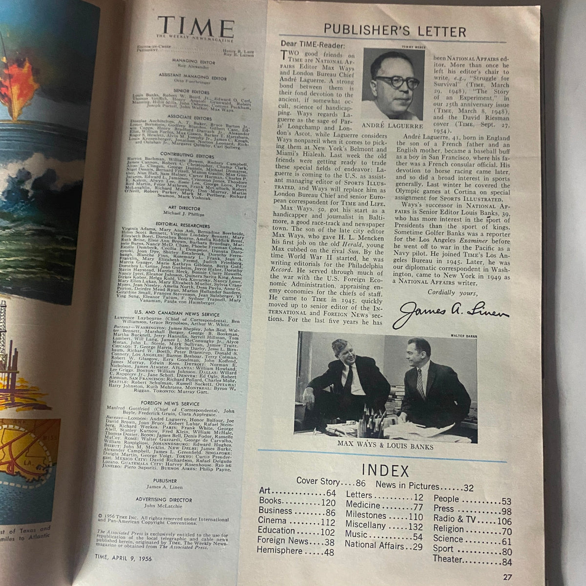 Inside page of VTG Time Magazine April 9, 1956 displaying the Publisher's Letter and editorial staff, emphasizing the publication's historical context.