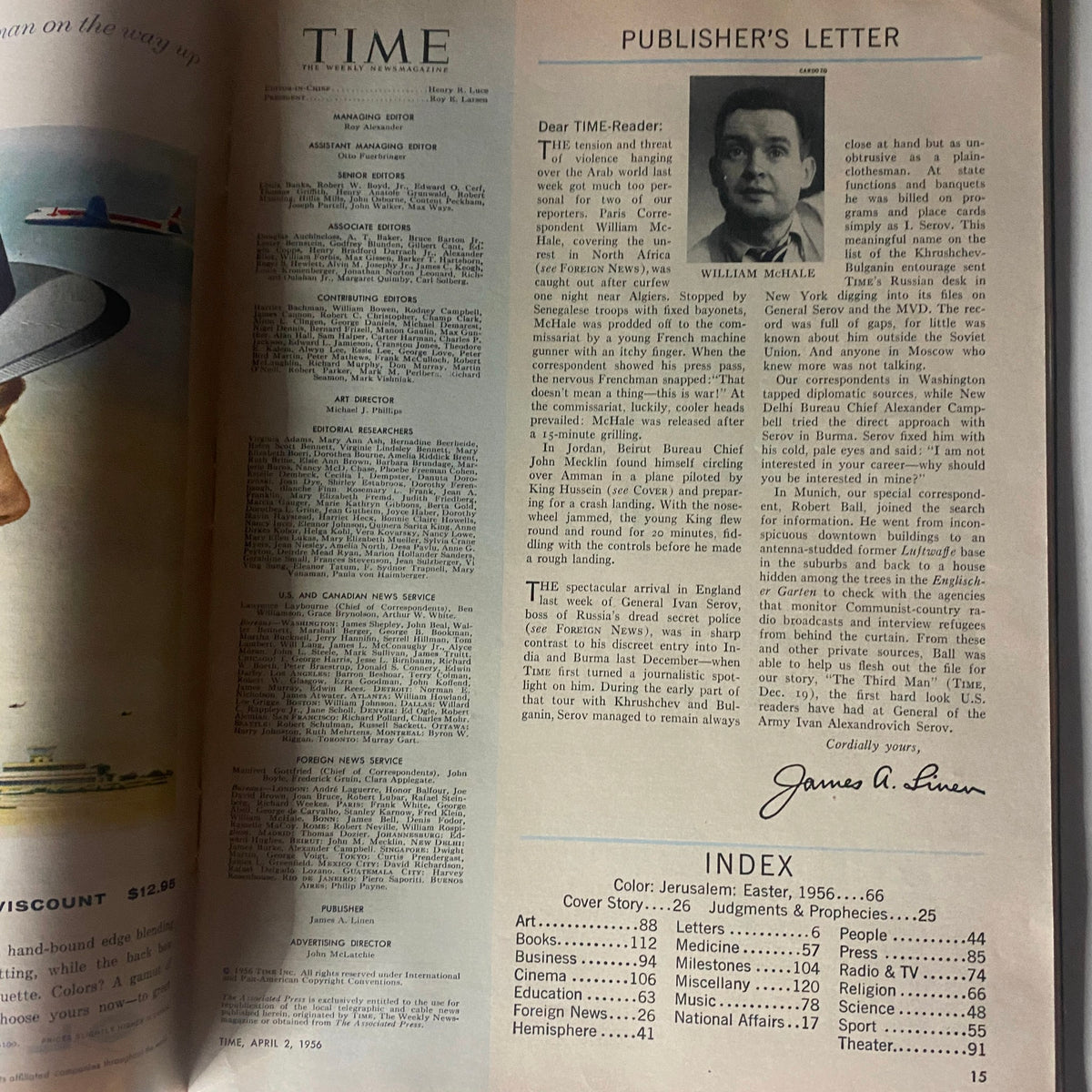 Interior page of VTG Time Magazine April 2, 1956, featuring the publisher's letter and index with a historical context of the magazine's publication.