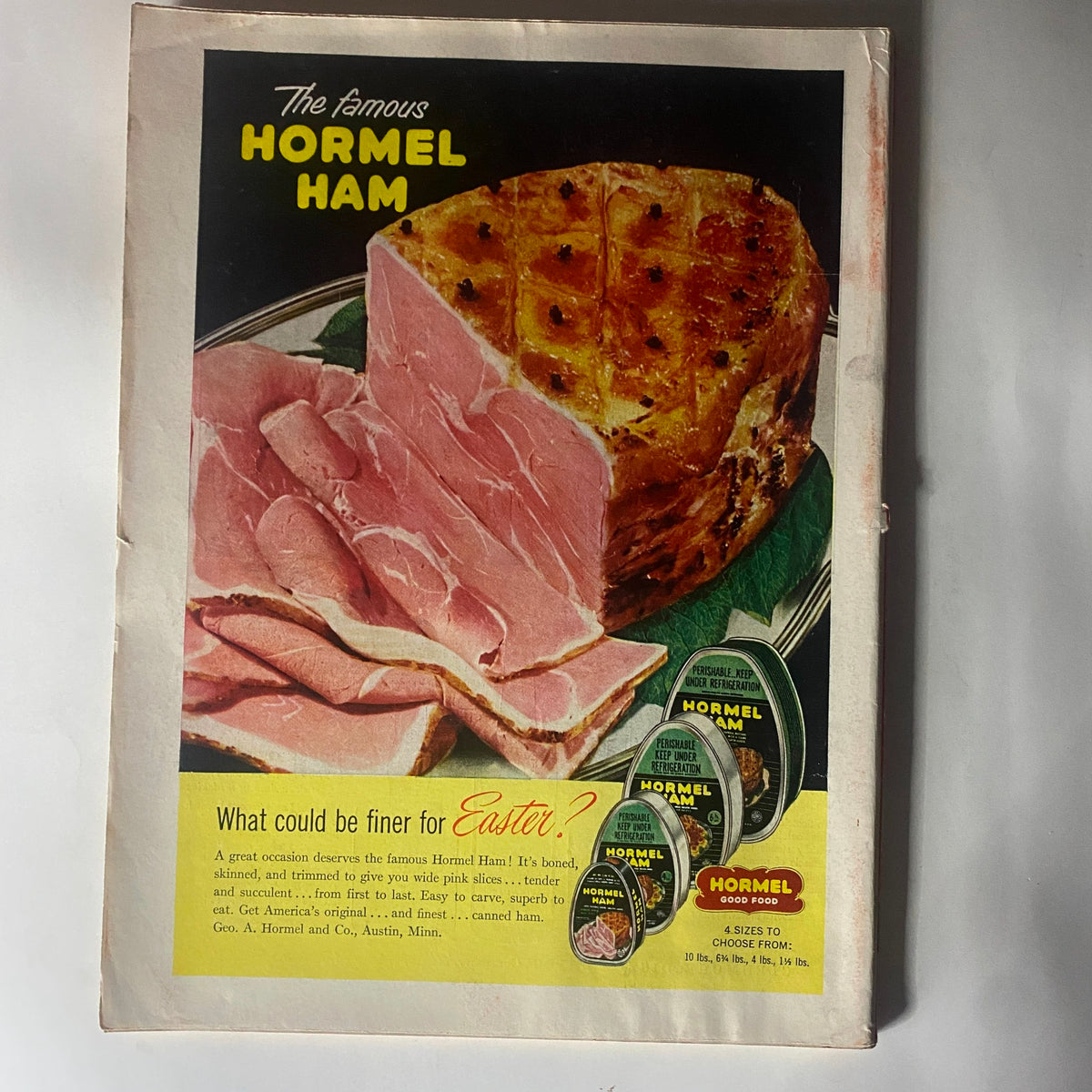 Advertisement from VTG Time Magazine March 26, 1956 featuring Hormel Ham, highlighting Easter-themed promotional imagery and product details.