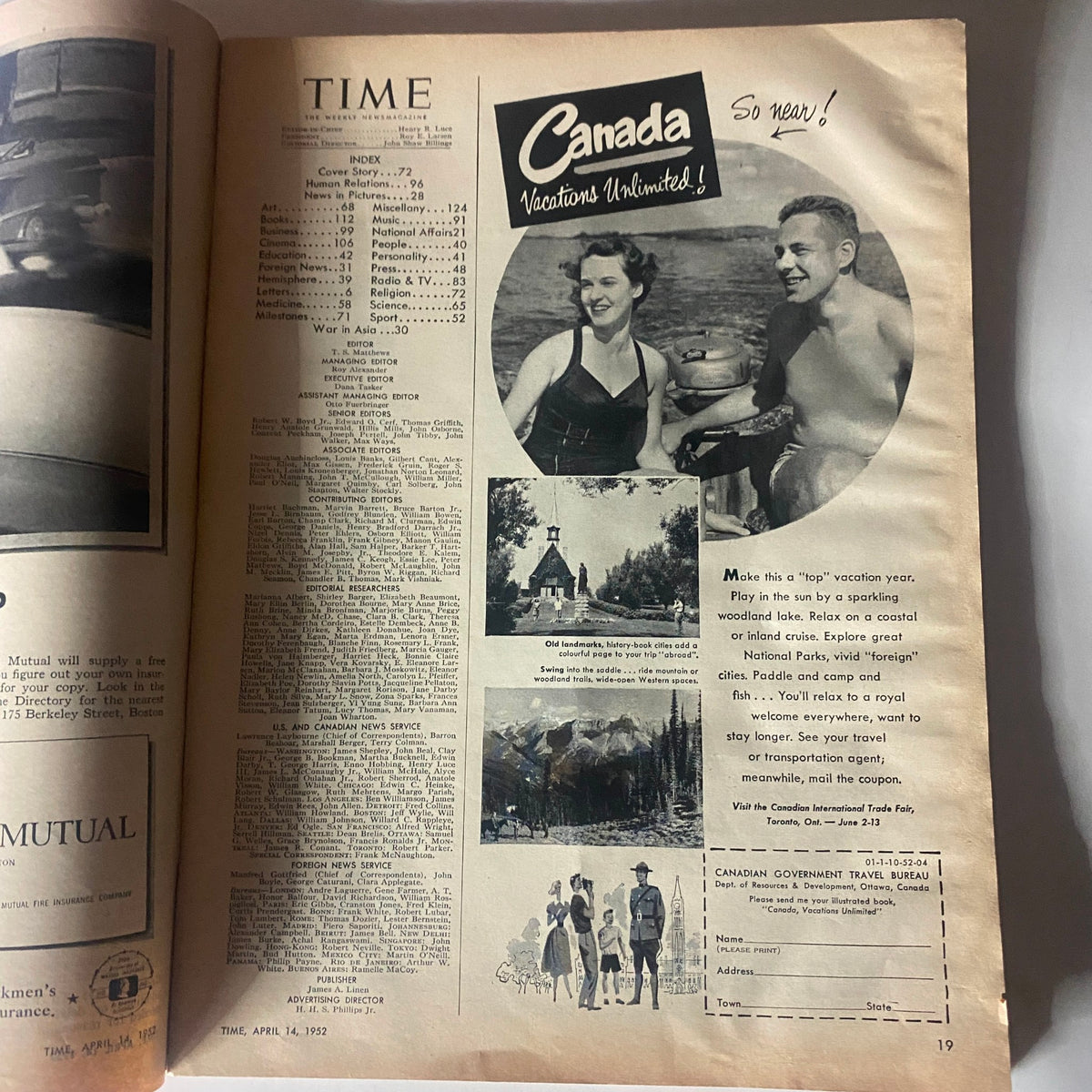 Inside page of VTG Time Magazine April 14, 1952 Vol 59 No. 15 featuring an index and advertisement for Canadian vacations with a couple by a lake.