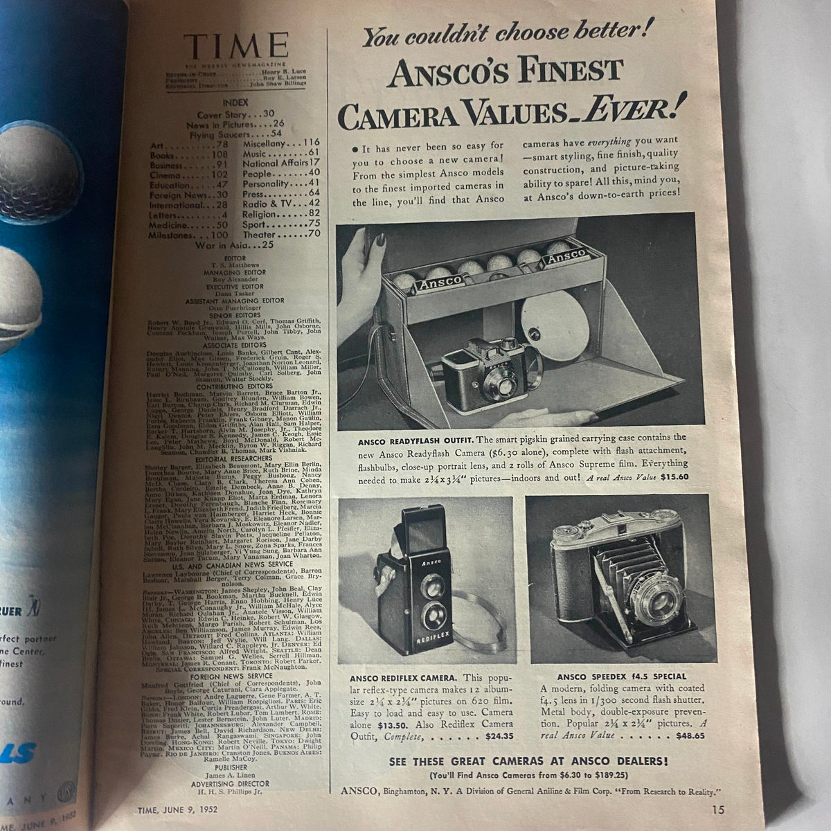 Interior page from the vintage Time Magazine dated June 9, 1952 (Vol 59 No. 23), showcasing an advertisement for Ansco cameras with detailed descriptions of various models.