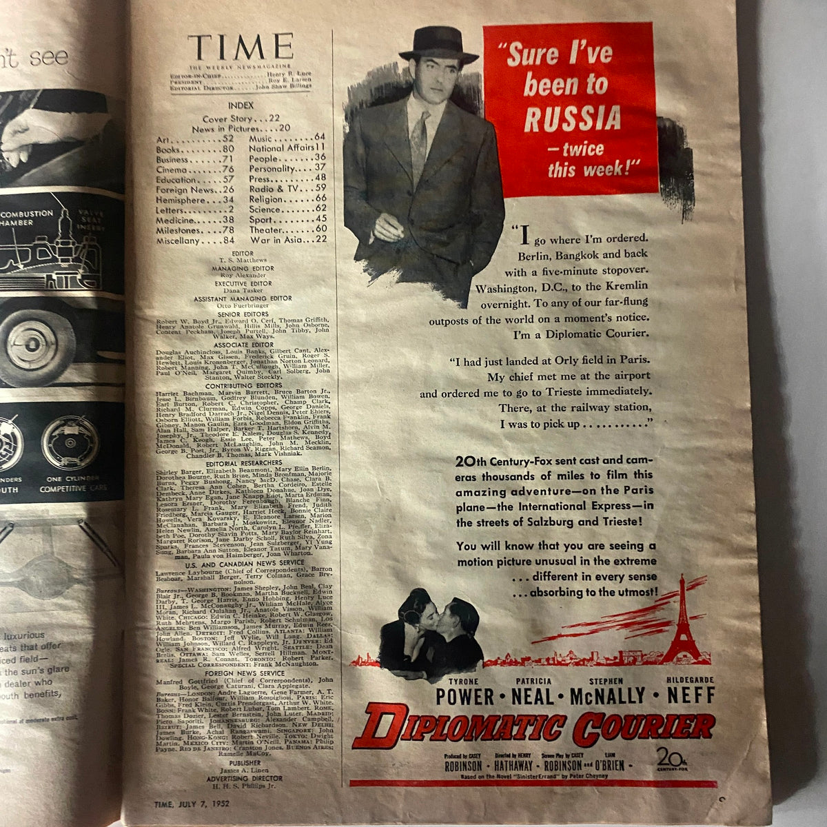 Index page from the VTG Time Magazine July 7, 1952, displaying articles and features of the issue, including a notable section on diplomatic courier services.
