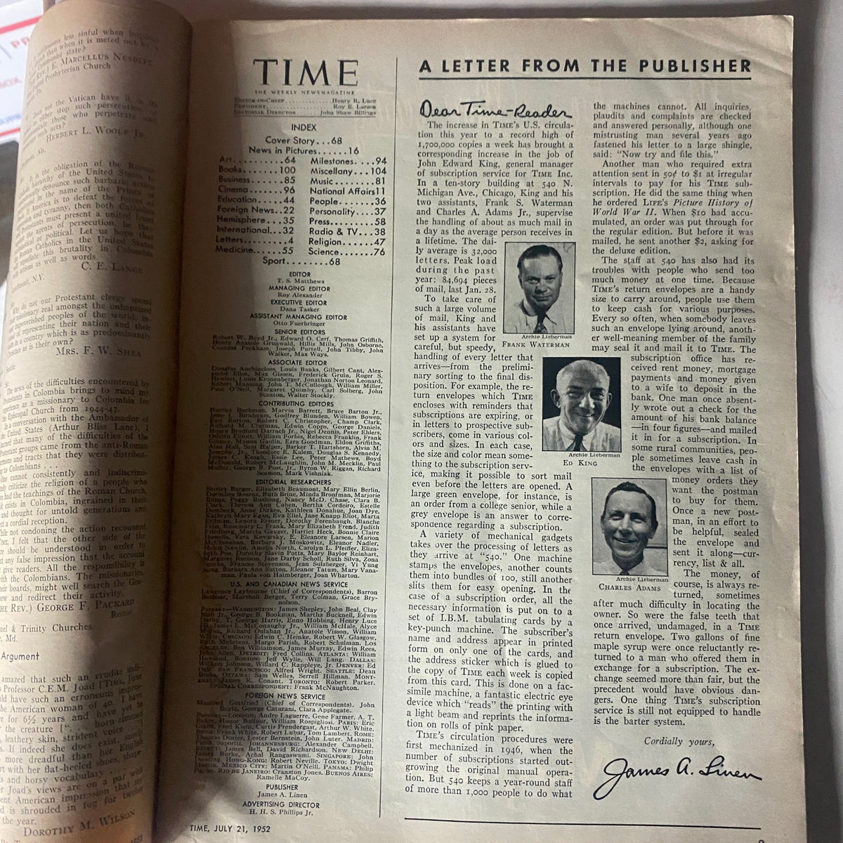 Interior page of the Vintage Time Magazine July 21, 1952, including a letter from the publisher and a detailed index of contents.