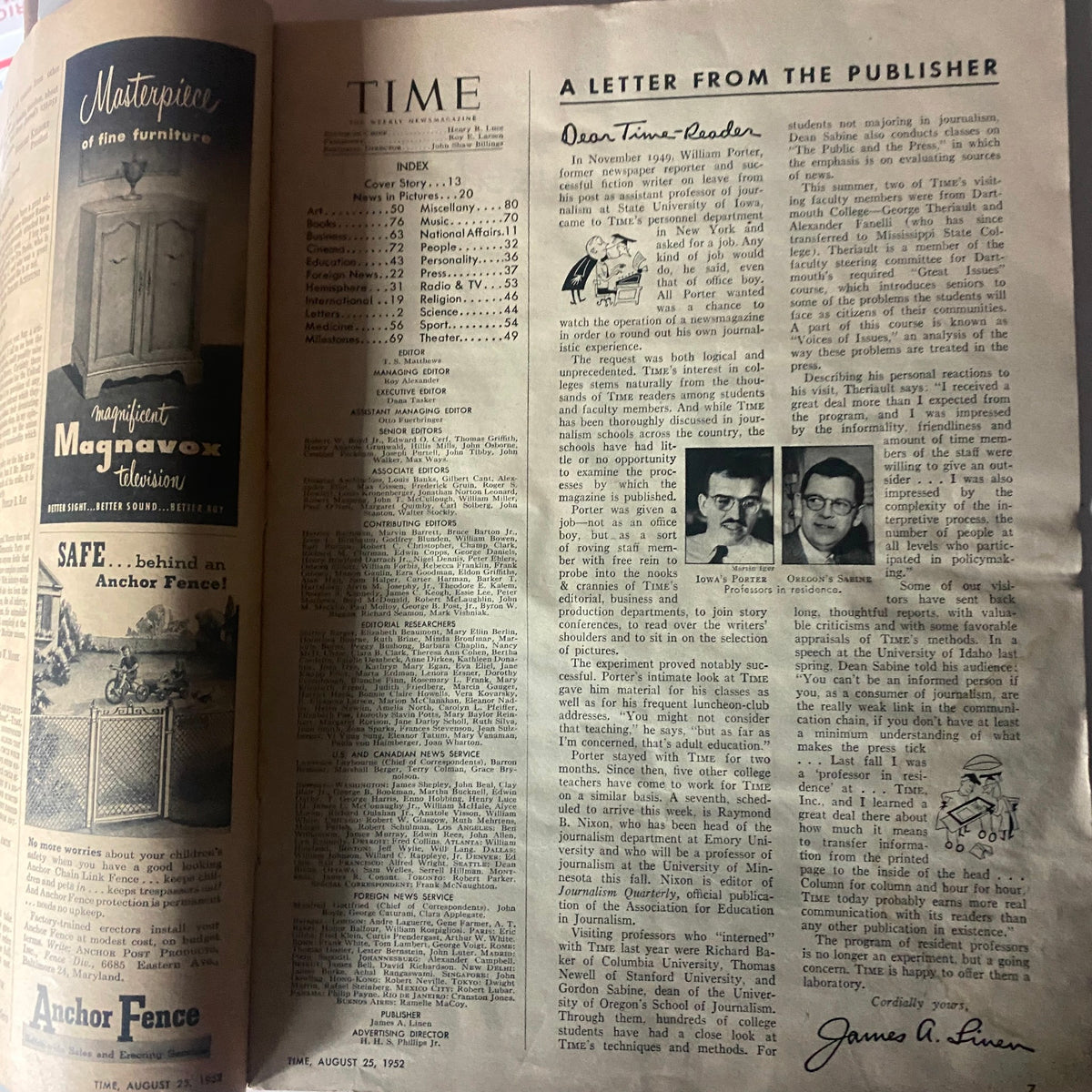 Inside page of VTG Time Magazine August 25, 1952, with the table of contents and a letter from the publisher, offering insight into the publication's features.
