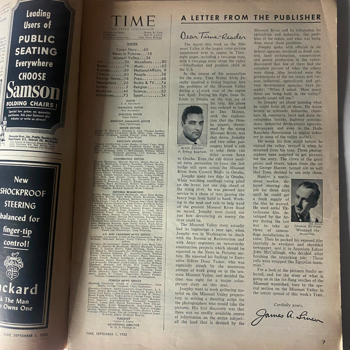 Interior page of the vintage Time Magazine from September 1, 1952, displaying an article index and a letter from the publisher.