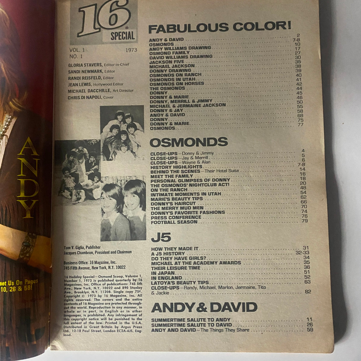 Table of contents page from VTG 16 Magazine Summer 1973 Vol 1 No. 1, listing articles featuring the Jackson 5 and the Osmonds, emphasizing vibrant music culture of the era.