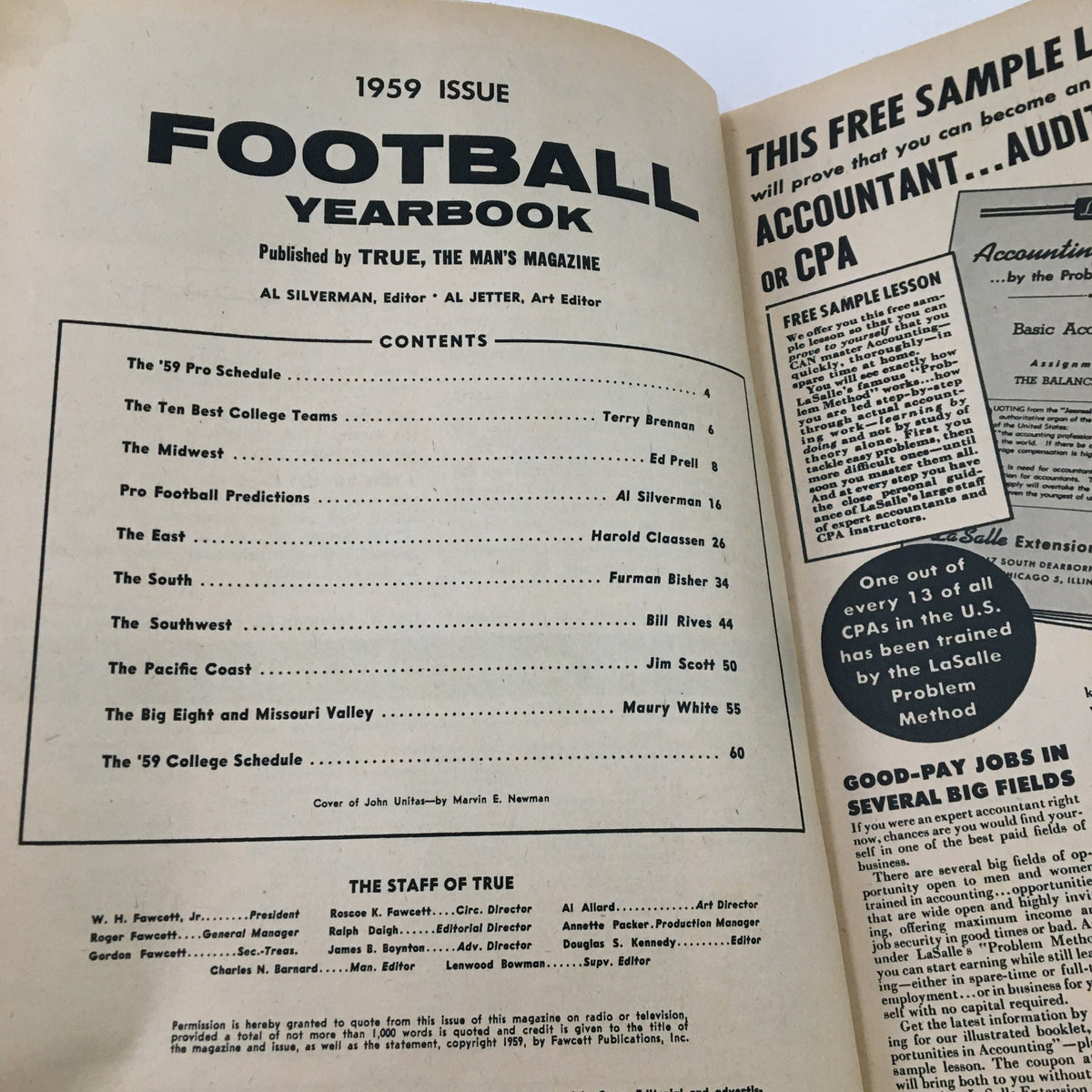 Inside page of the True Magazine 1959 Football Yearbook displaying the table of contents, detailing features on college football teams and predictions.