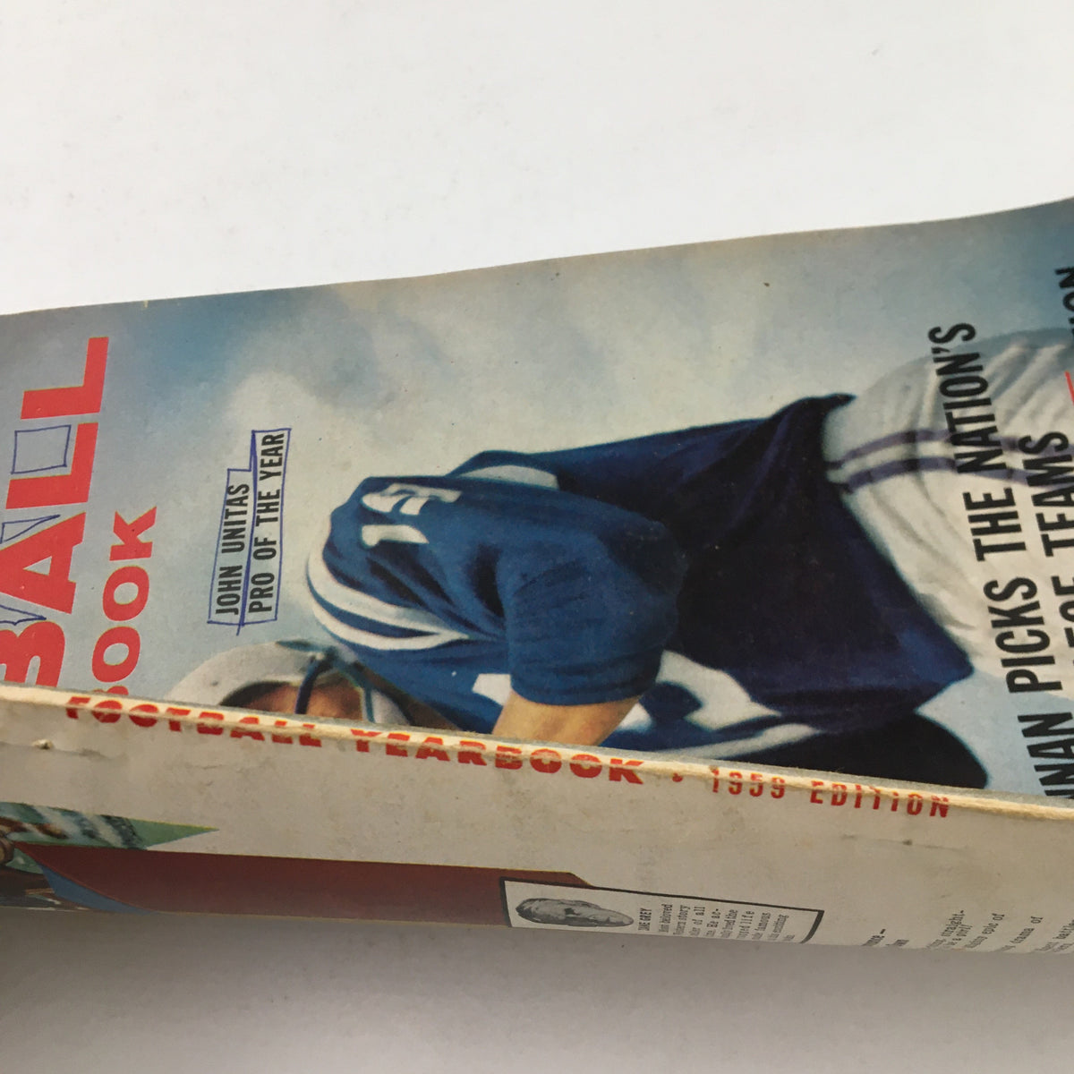 Side view of the True Magazine 1959 Football Yearbook showing the spine, with text indicating it's the 1959 edition, emphasizing its collectible nature.