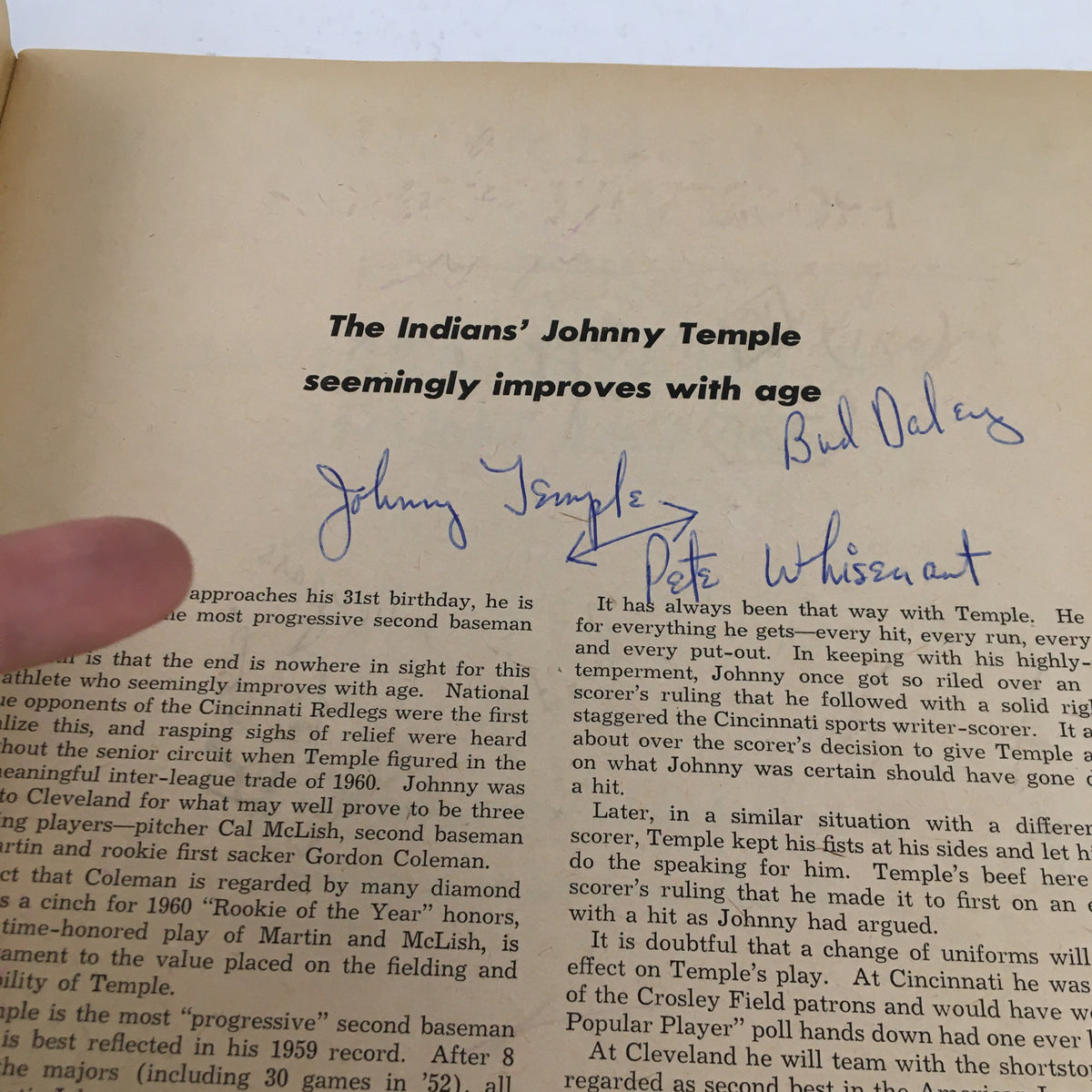 Interior page of Sportscope Magazine Baseball 1960 showcasing an article about Johnny Temple with handwritten annotations and player statistics.