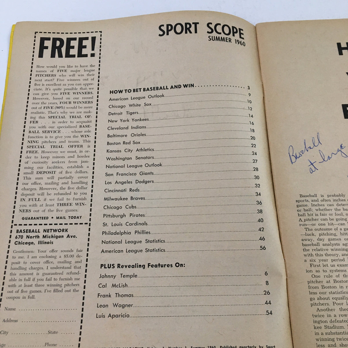 Table of contents page from Sportscope Magazine Baseball 1960 including features on baseball betting, player statistics, and handwritten notes.