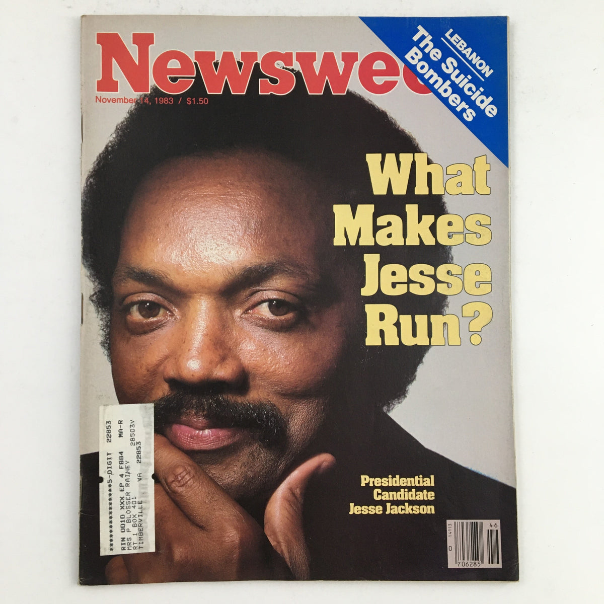 Cover of Newsweek Magazine dated November 14, 1983 featuring presidential candidate Jesse Jackson, with the headline 'What Makes Jesse Run?' showcasing a close-up of Jesse Jackson's face.