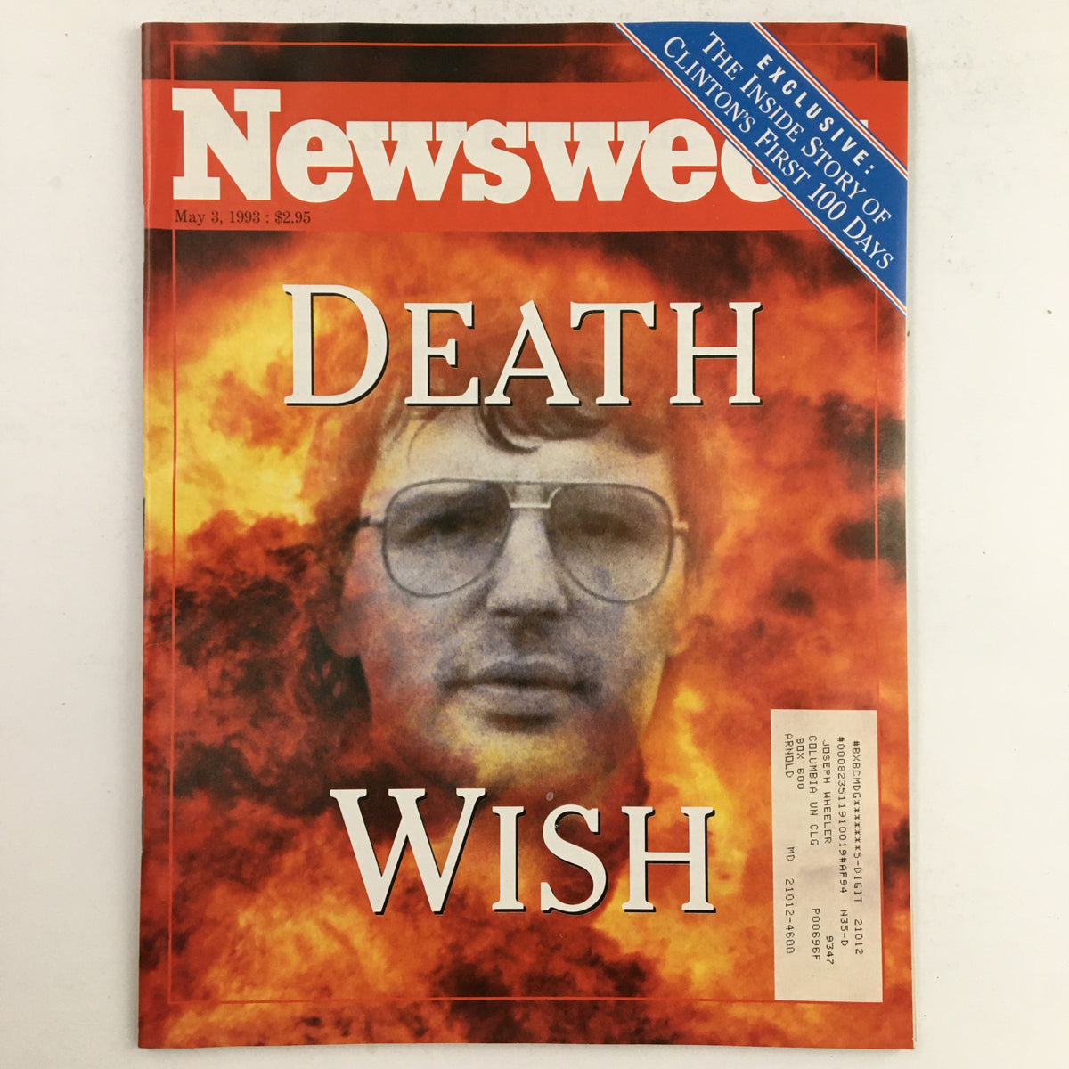 Cover of Newsweek Magazine May 3 1993 featuring a dramatic image related to David Koresh with the title 'Death Wish' and a headline about Clintons First 100 Days.