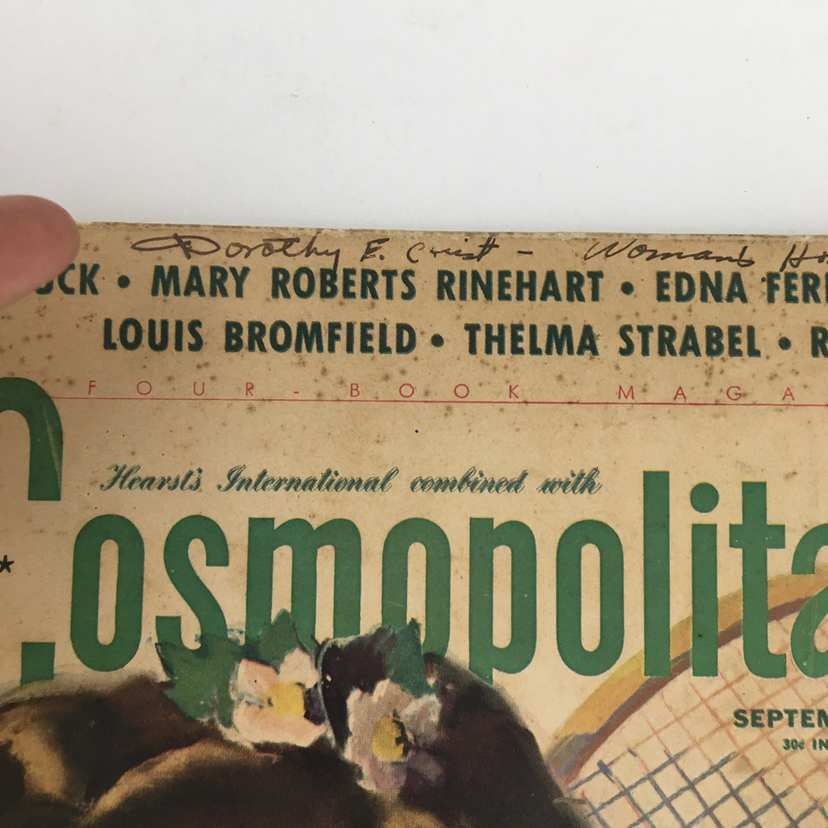Title section of Cosmopolitan Magazine September 1941 with author names, showcasing notable contributors like Pearl Buck and Mary Roberts Rinehart.