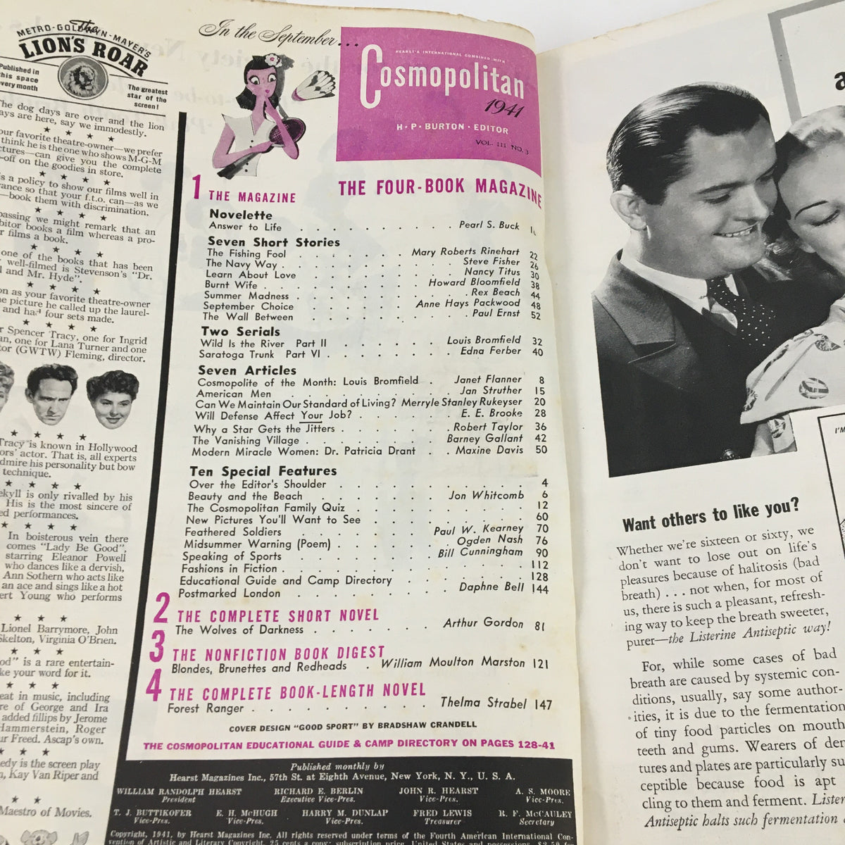 Table of contents from Cosmopolitan Magazine September 1941, listing articles and stories from influential authors, illustrating the magazine's diverse content.