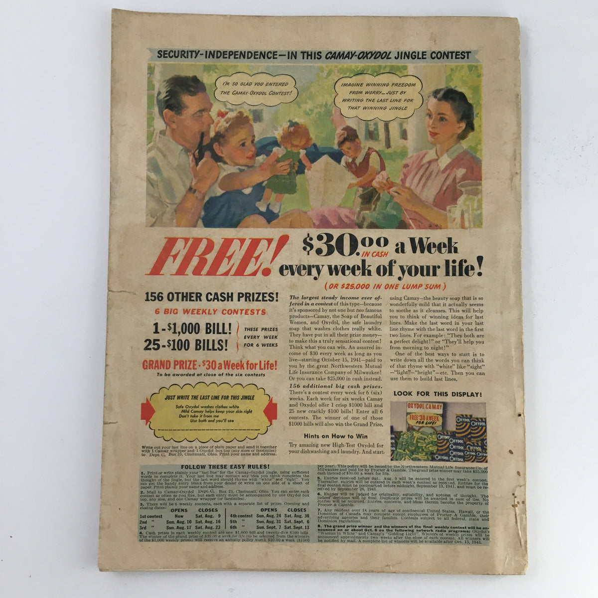 Back cover of Cosmopolitan Magazine September 1941 featuring a vintage advertisement and promotional contest, reflecting the advertising style of the time.