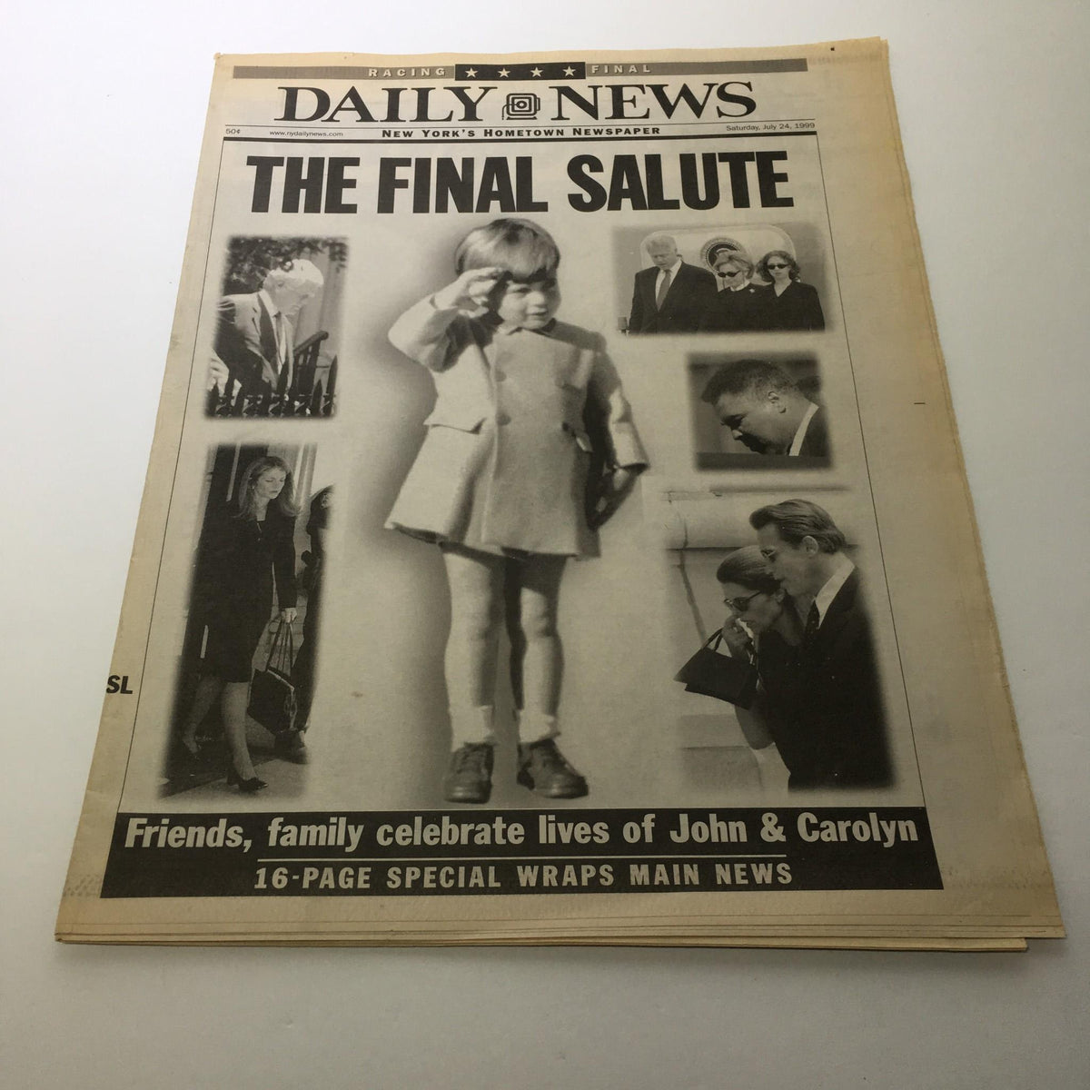 NY Daily News front page featuring 'The Final Salute' headline, commemorating the lives of John and Carolyn Kennedy, with images of family and friends at a memorial.