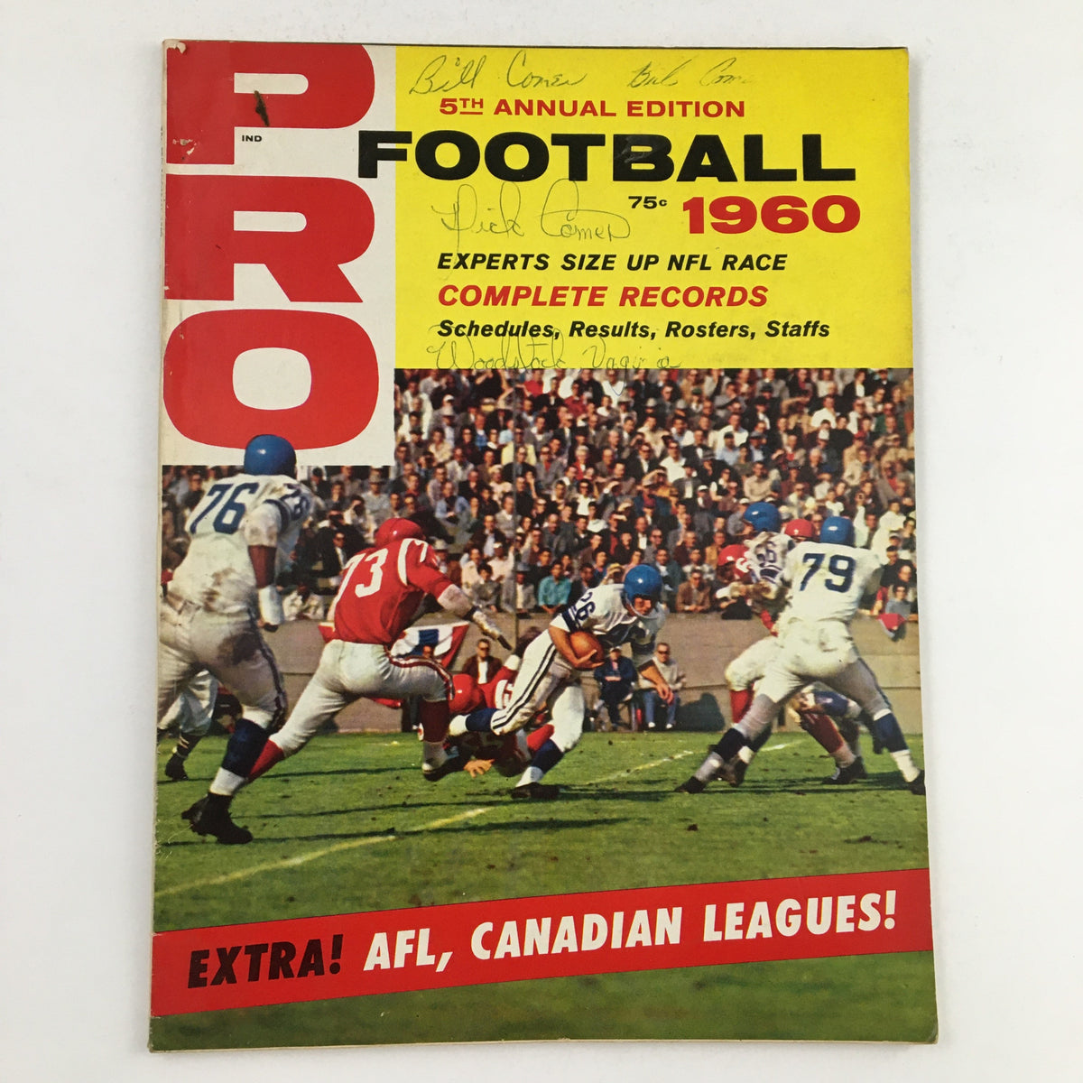 Cover of Pro Football Magazine 1960 NFL Championship Games Statistics No Label featuring a colorful design with action from a football game, highlighting legendary players and statistics from the 1960 season, perfect for vintage sports collectors.