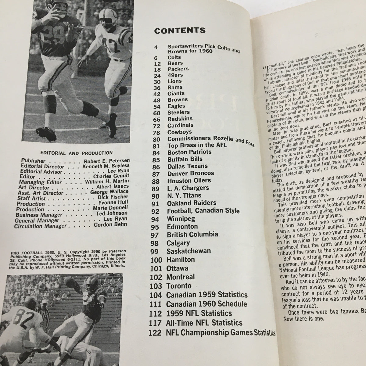 Interior page of Pro Football Magazine 1960 NFL Championship Games Statistics displaying the table of contents and editorial details, highlighting the analysis and statistics of the NFL season.