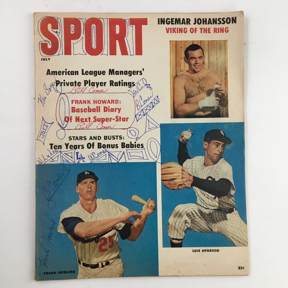 Sport Magazine July 1960 cover featuring Ingemar Johansson labeled 'Viking of the Ring', Frank Howard, and Luis Aparicio with notable highlights and handwritten notes.