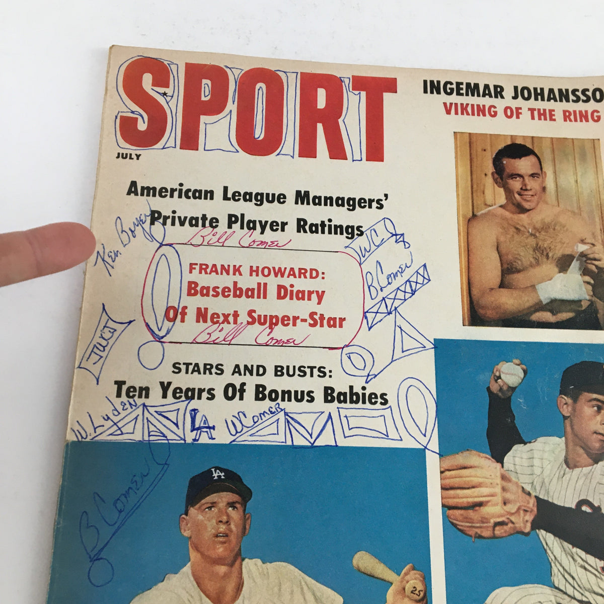 Close-up of Sport Magazine July 1960 cover showcasing Ingemar Johansson, signed player ratings, and highlights including Frank Howard's baseball diary.