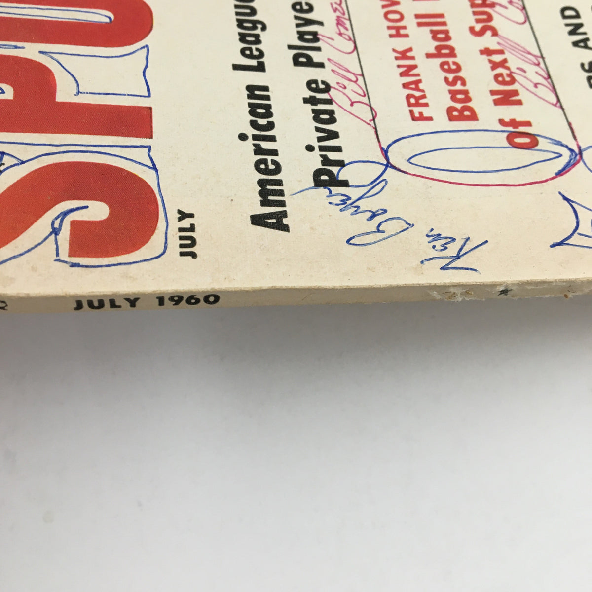 Side view of Sport Magazine July 1960, emphasizing the July label and handwritten notes, reflecting its vintage character and authenticity.