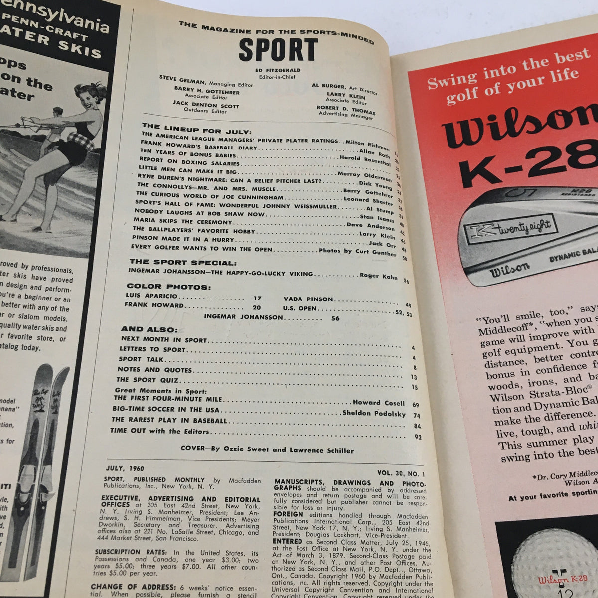 Interior page of Sport Magazine July 1960 displaying the table of contents featuring articles on Ingemar Johansson and other athletes, highlighting its historical significance.