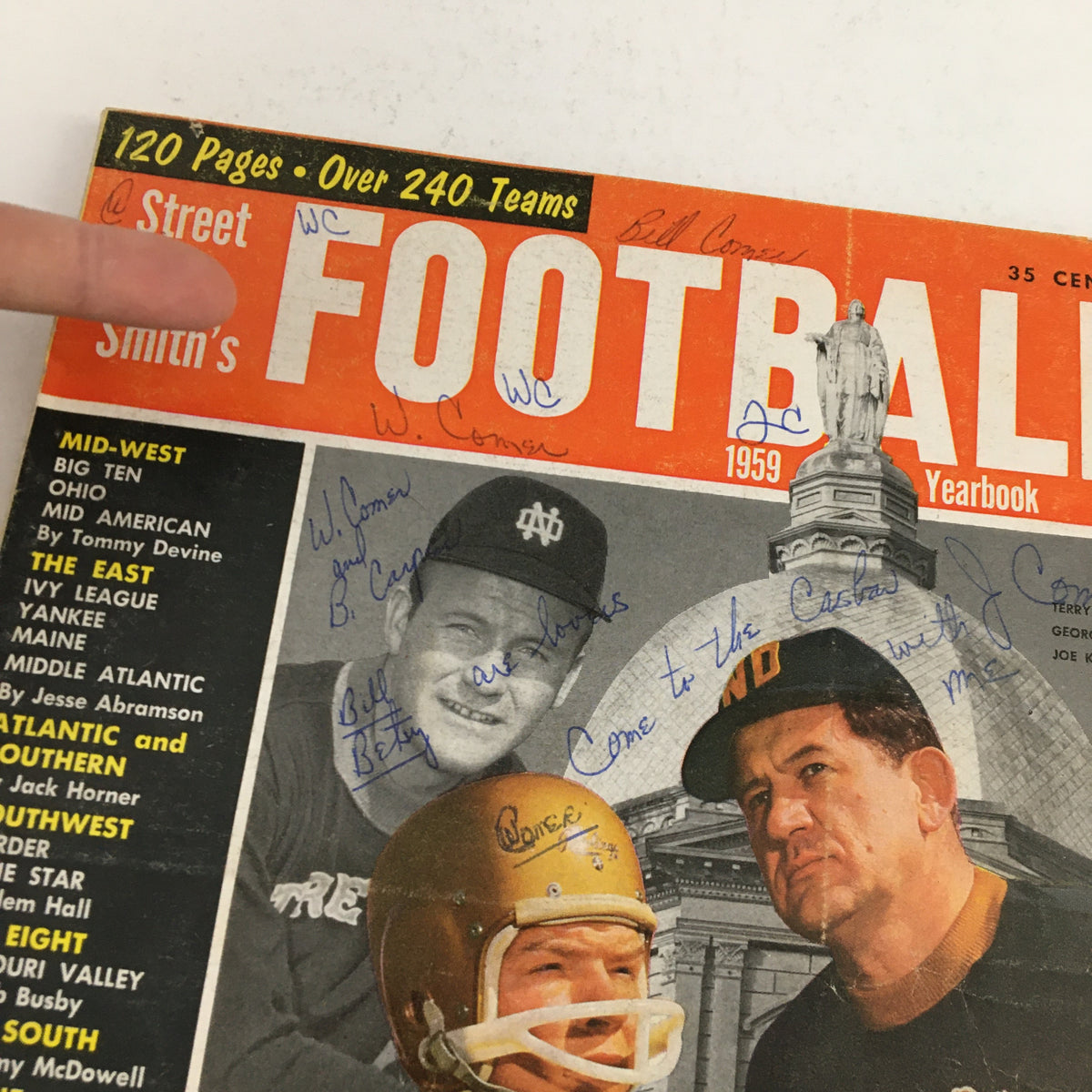 Close-up view of the Street & Smith's Football 1959 Yearbook cover with emphasis on player signatures and details, showcasing the historic sports publication.
