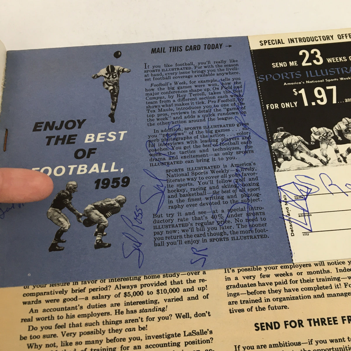 Interior page of the Street & Smith's Football 1959 Yearbook highlighting a promotional offer, illustrating the cultural context of football in that era.