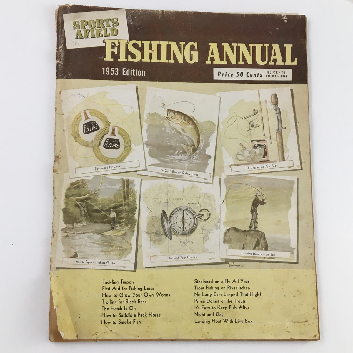 Cover of Sports Afield Magazine 1953 Fishing Annual showcasing its vintage design with fishing illustrations and guides. A collector's item for fishing enthusiasts.
