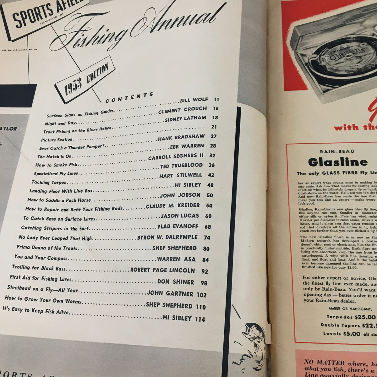 Table of contents from Sports Afield Magazine 1953 Fishing Annual, detailing various fishing articles and tips, showcasing vintage fishing wisdom.