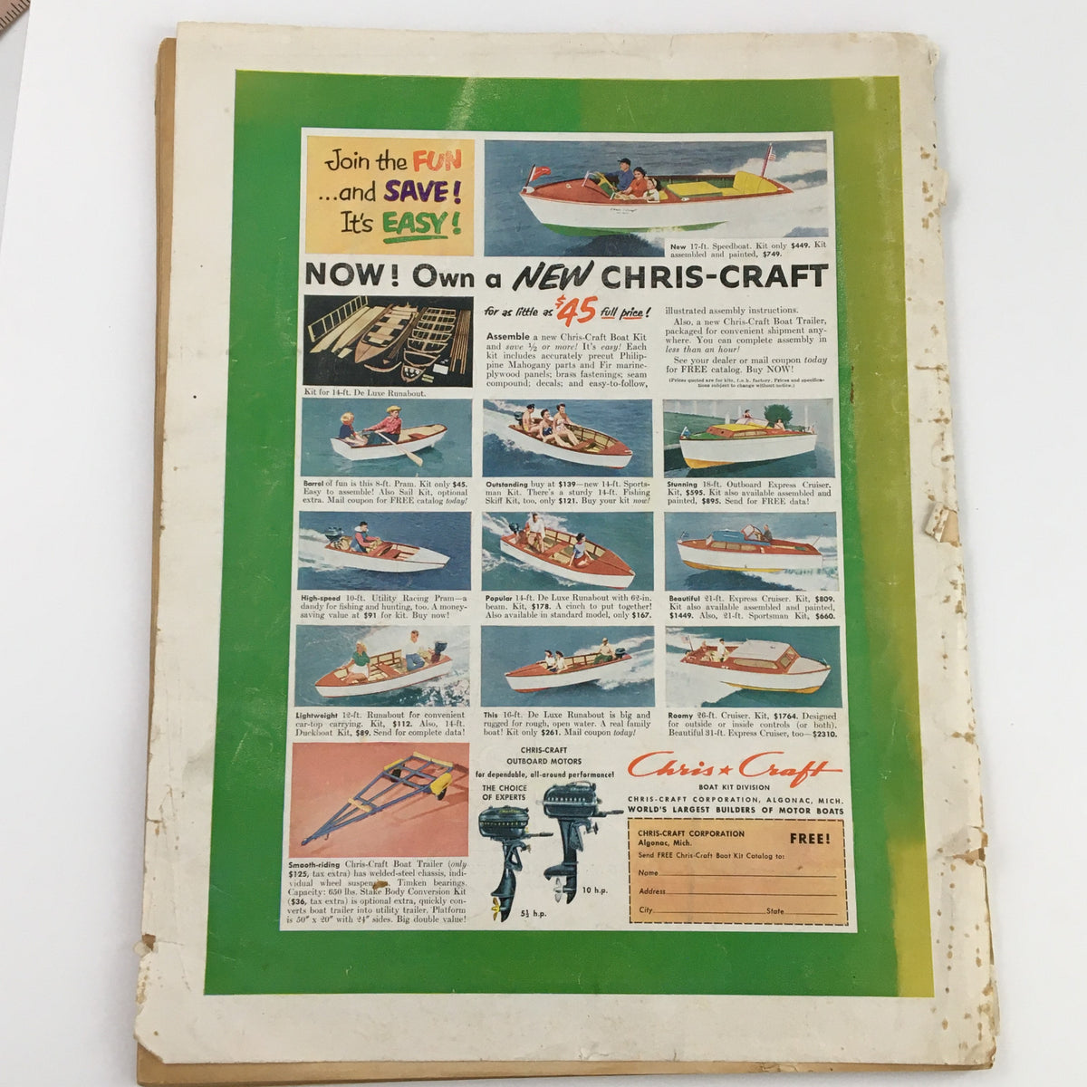 Advertisement page from Sports Afield Magazine 1953 Fishing Annual featuring a Chris-Craft boat sale, highlighting recreational boating options for enthusiasts.