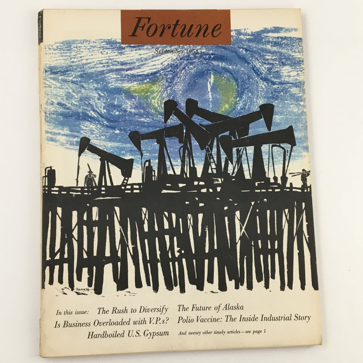 Cover of Fortune Magazine from September 1955 featuring the article 'The Rush to Diversify' along with insights on the Polio Vaccine. The cover showcases a vibrant illustration of oil derricks against a colorful background.