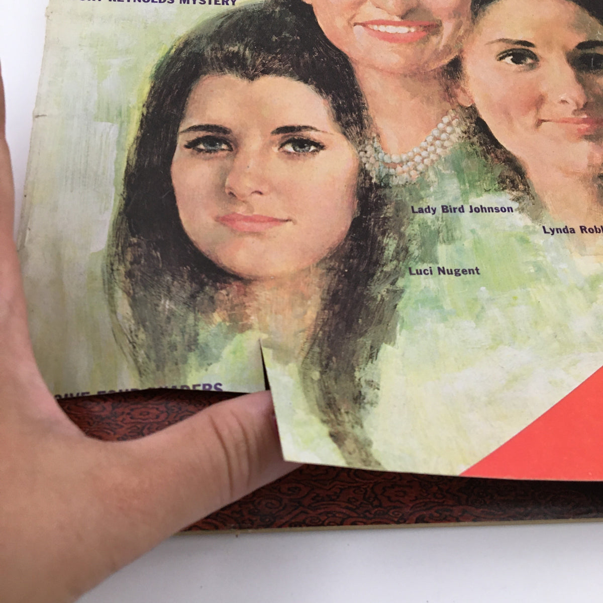 Close-up of the Ladies' Home Journal Magazine June 1973 cover highlighting Luci Nugent, Lynda Robb, and Lady Johnson's portraits, with visible signs of age and an address label adding historical context.