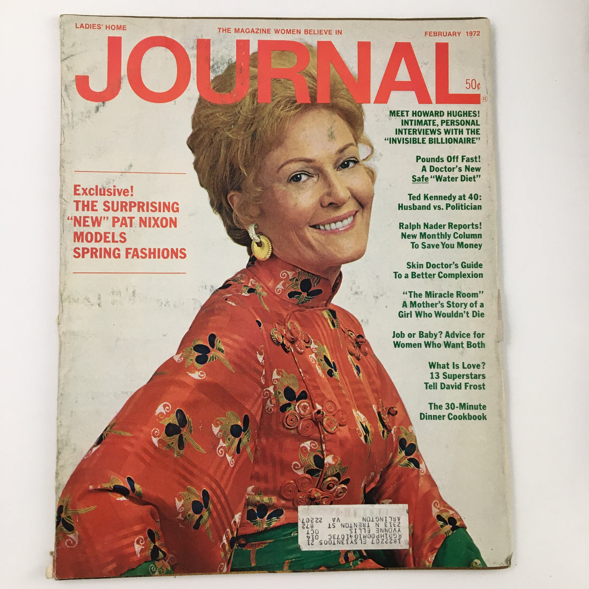 Ladies' Home Journal Magazine February 1972 featuring Pat Nixon modeling spring fashions, showcasing a vintage style cover with vibrant colors and attractive design. This collectible magazine captures the essence of fashion trends and cultural themes from the early 1970s.