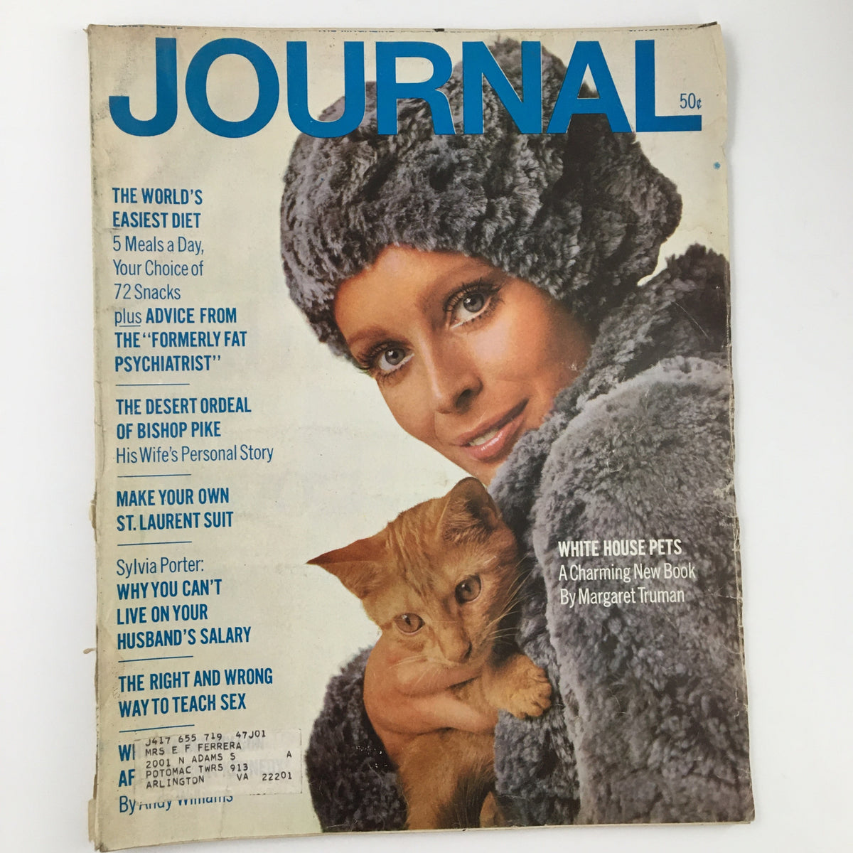 Cover of Ladies' Home Journal Magazine January 1970 featuring an article on White House Pets by Margaret Truman and a woman holding a cat.