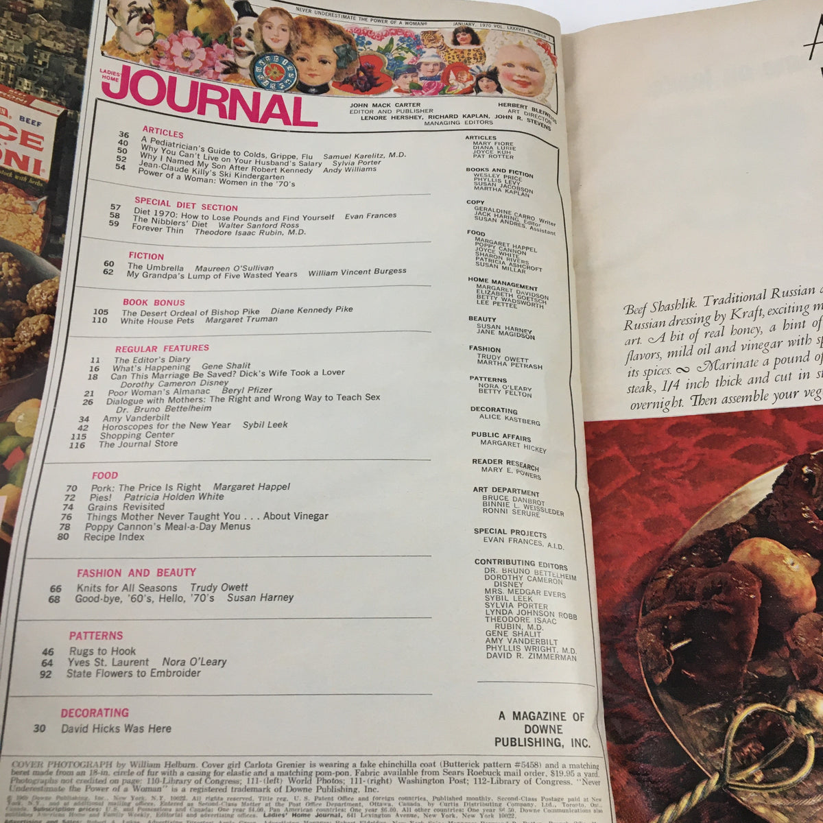Table of contents page from Ladies' Home Journal Magazine January 1970, including articles like White House Pets by Margaret Truman.