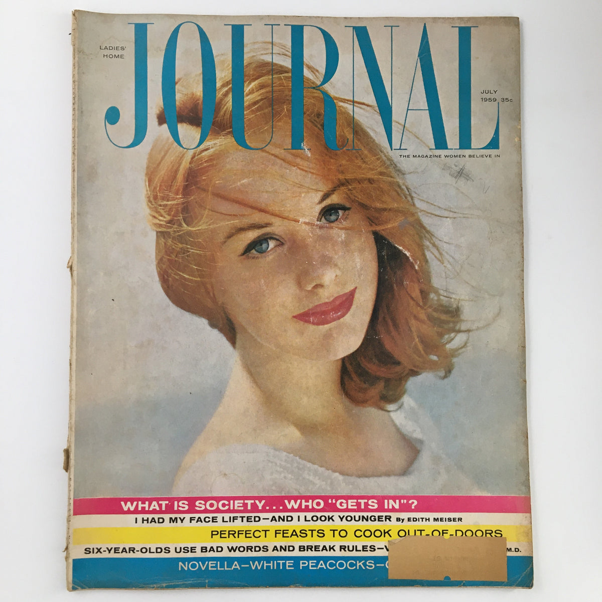 Ladies' Home Journal Magazine July 1959 cover featuring a woman with red hair, highlighting the article 'I Had My Face Lifted & I Look Younger' and other topics.