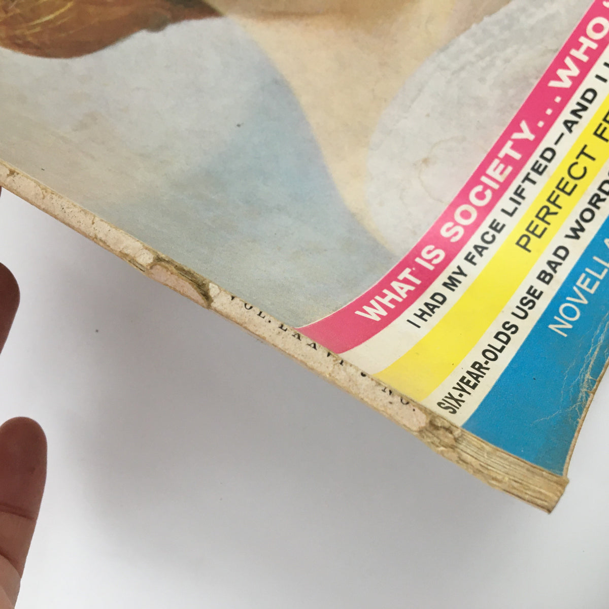 Close-up of the side of the Ladies' Home Journal Magazine July 1959, showing wear and vintage design details, including the article titles.