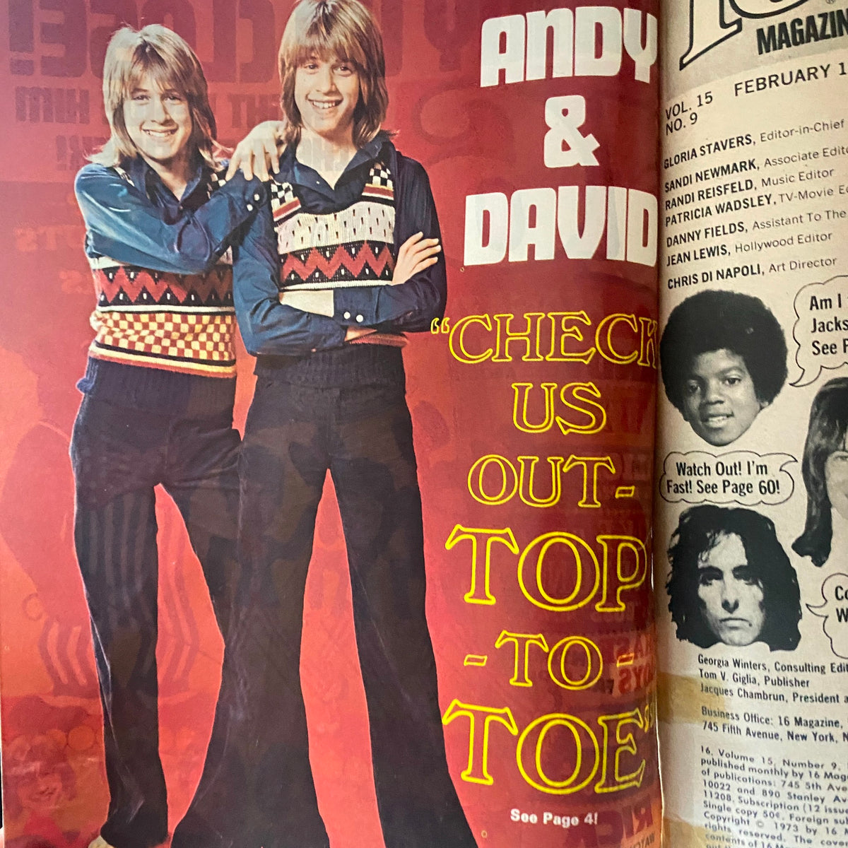 Cover page of February 1974 16 Magazine featuring Andy & David, styled in fashionable attire with text 'CHECK US OUT - TOP TO TOE'.