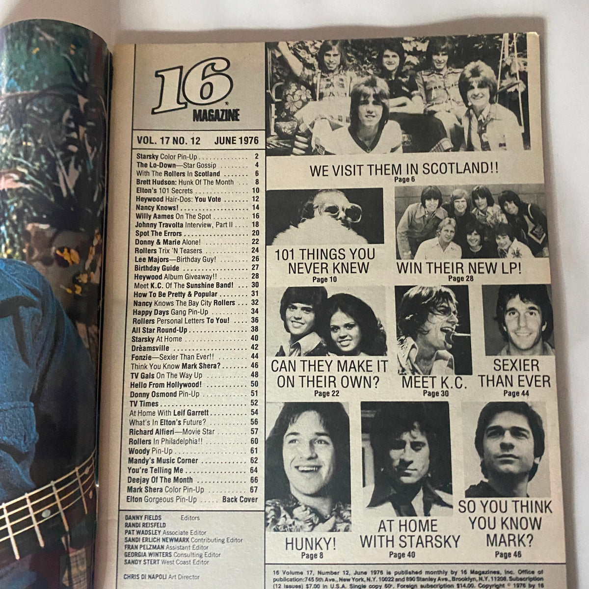 Interior pages of the June 1976 16 Magazine featuring a table of contents including articles about Starsky & Hutch, Donny & Marie, and other popular culture topics.