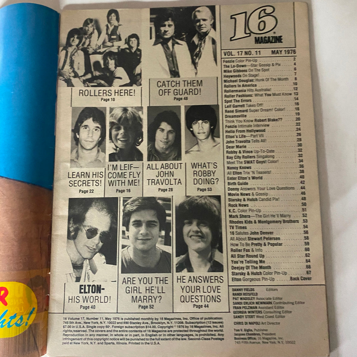 Back cover of VTG 16 Magazine May 1976 showcasing various celebrities including John Travolta and Elton John with a table of contents.