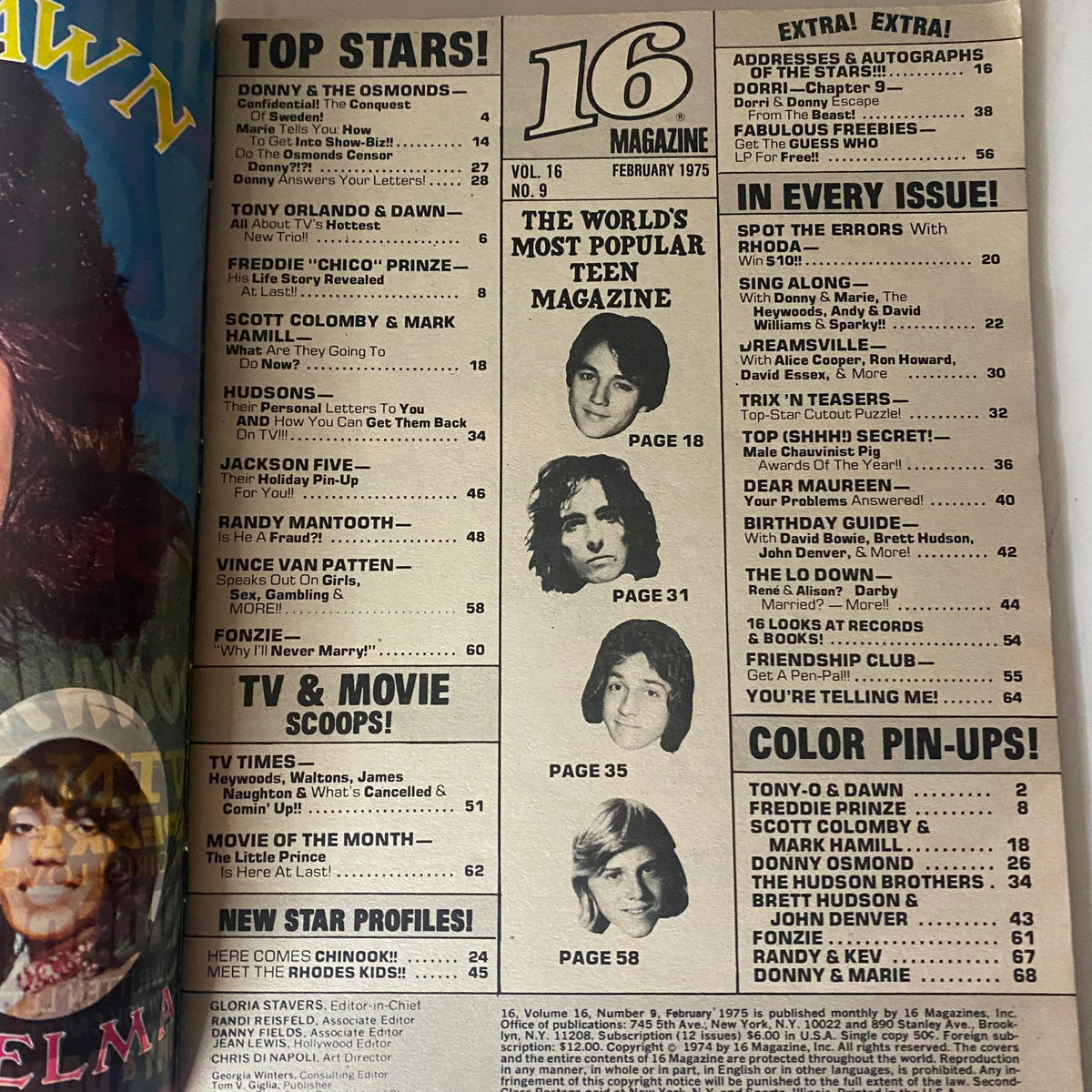 Inside page of VTG 16 Magazine February 1975 displaying the table of contents, highlighting articles about Donny & The Osmonds and other popular teen stars.