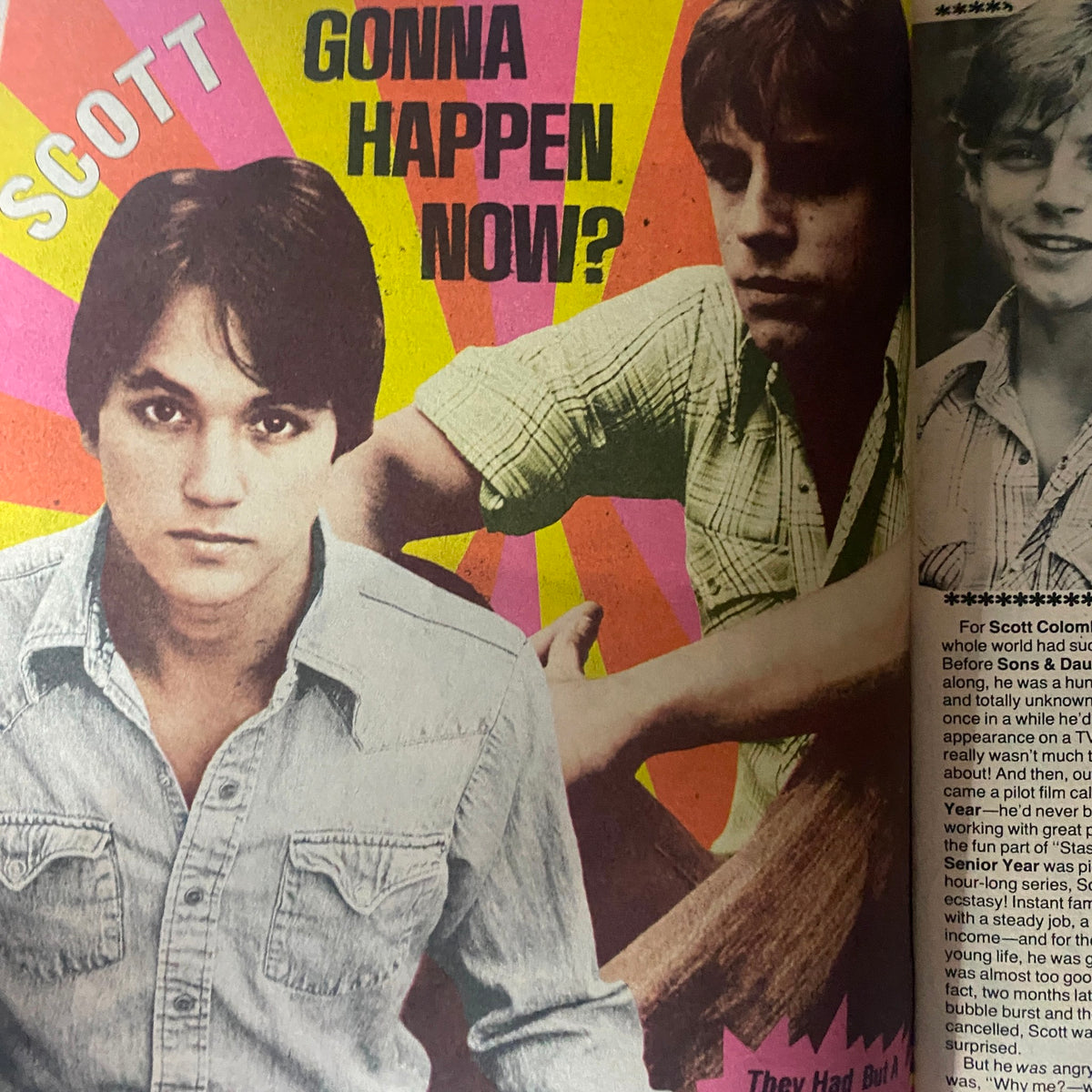 Vintage 16 Magazine February 1975 showcasing a feature on Scott with two striking images and captivating headline, representing teen culture of the 1970s.