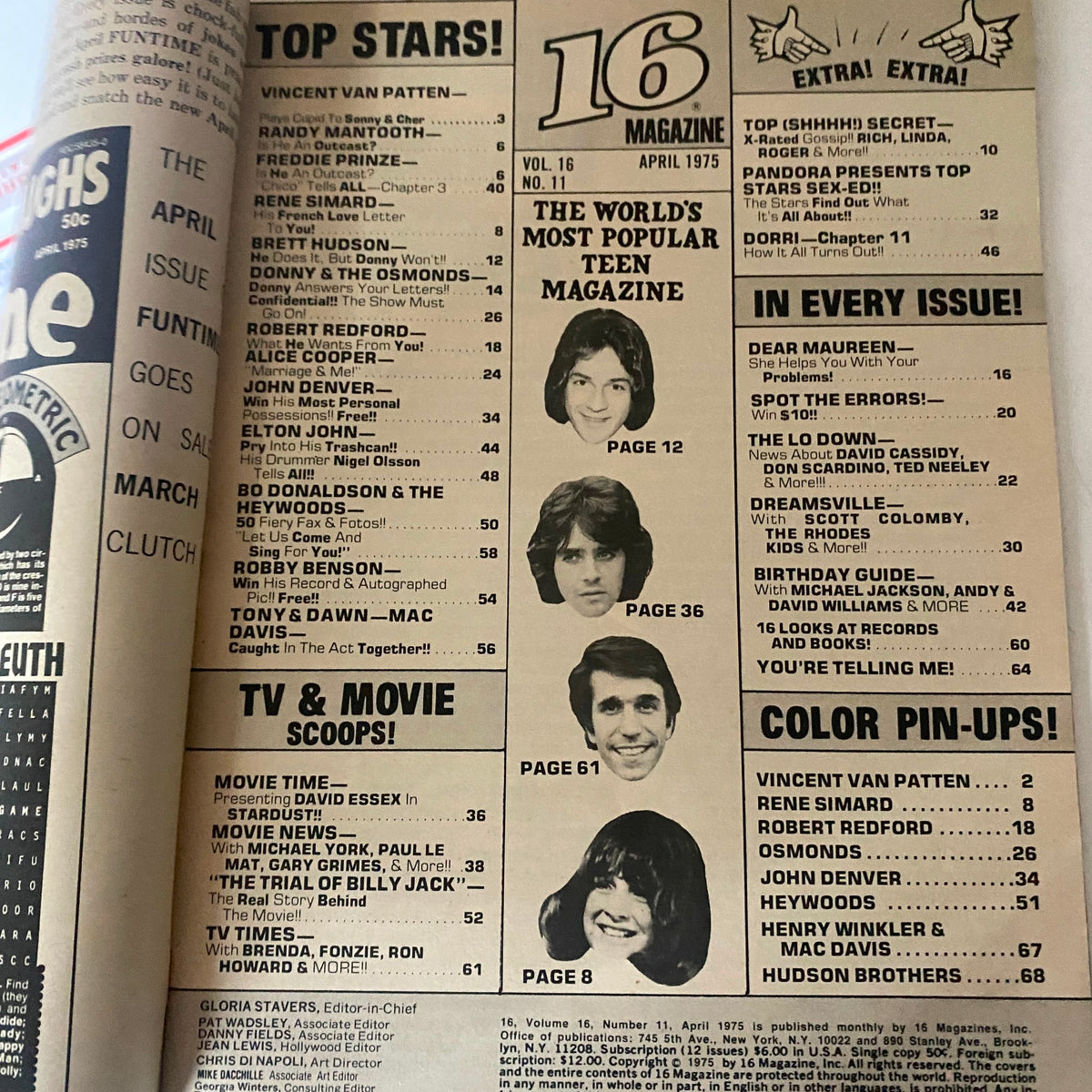 Inside page of VTG 16 Magazine April 1975 displaying the table of contents with highlights on top stars and features, a glimpse into 1970s teen magazine culture.