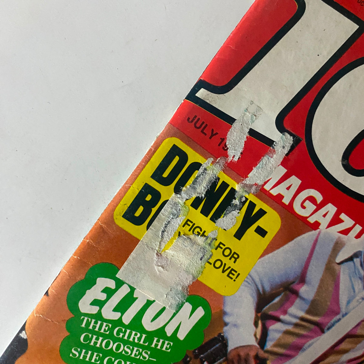 Cover corner of the July 1975 issue of 16 Magazine featuring vintage pop culture references and minor wear on the edges. Title: VTG 16 Magazine July 1975 Fonzie, Chico, Alice and Cher VG w Poster.