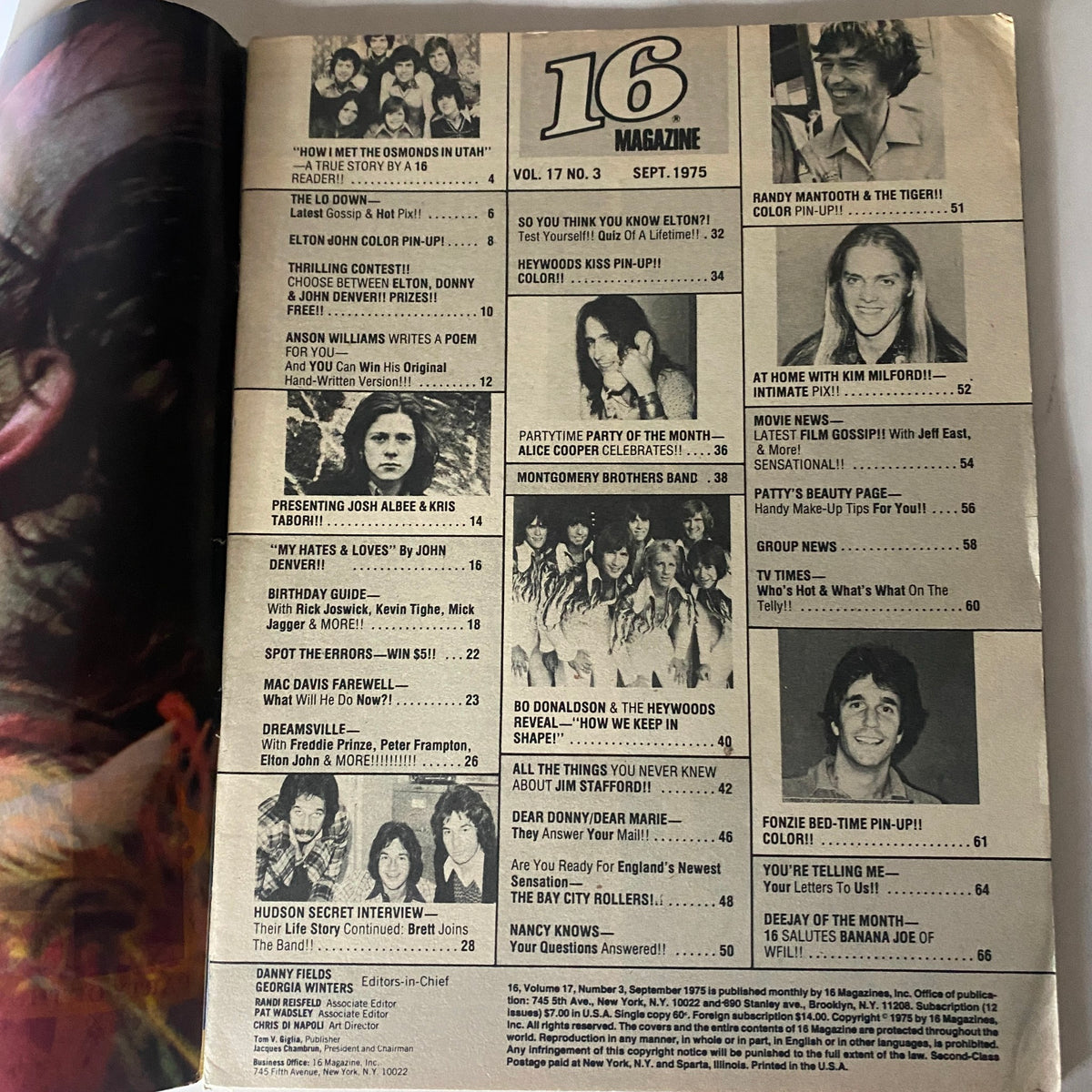 Interior page of Vintage 16 Magazine September 1975 showcasing the table of contents, featuring articles and features about Randy Mantooth, celebrity interviews, and pop culture highlights from the 1970s.